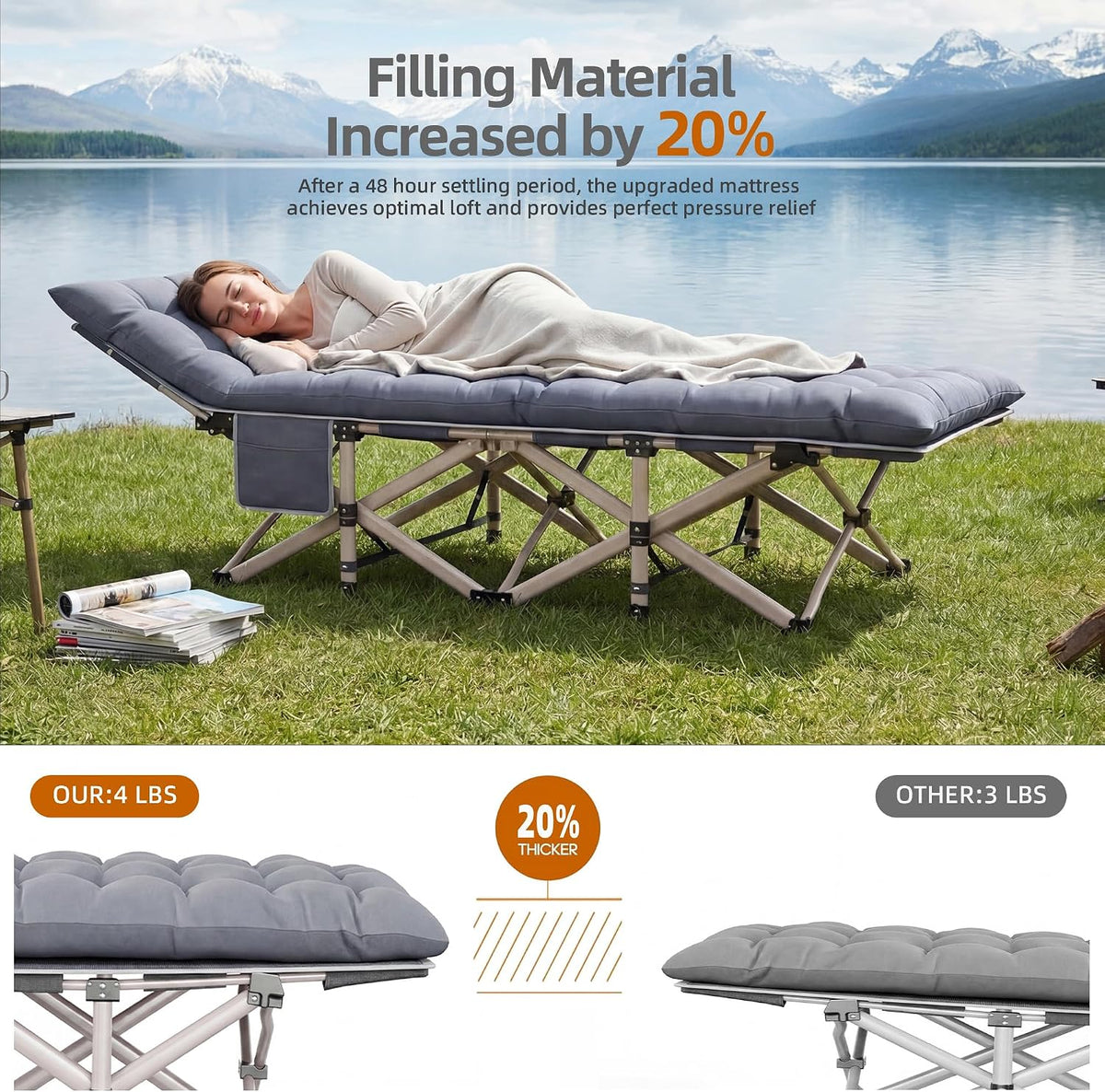SKONYON Folding Camping Cot for Adults Heavy Duty - 800LBS Capacity Sleeping Cot with Thicker Pad, Portable Foldable Cot Double Layer Oxford Outdoor Camp Bed for Guest Use Office Nap Travel(Gray)