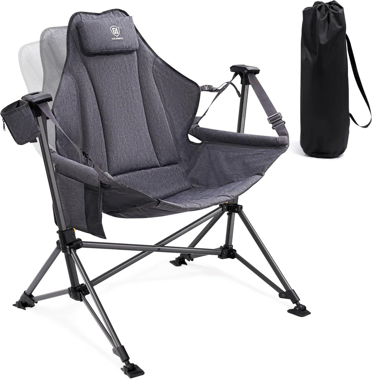 EVER ADVANCED Padded Hammock Camping Chair, Oversized Heavy Duty Swing Chair with Detachable Cup Holder, Portable Folding Rocking Camping Chair, Support Up to 400lbs, Grey
