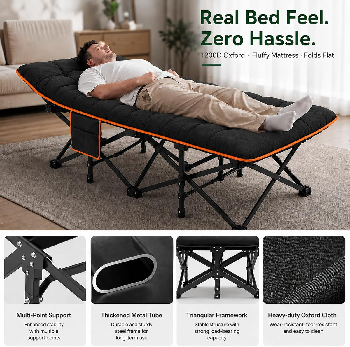 Redeer Camping Cot with Mattress 900LB, Heavy Duty Cots for Adults 75"x28" 1200D Oxford Folding Cot, Pad Bed for Camping, Home, Hospital Care, Office, Beach, Pool, Hiking, Carry Bag(Black)