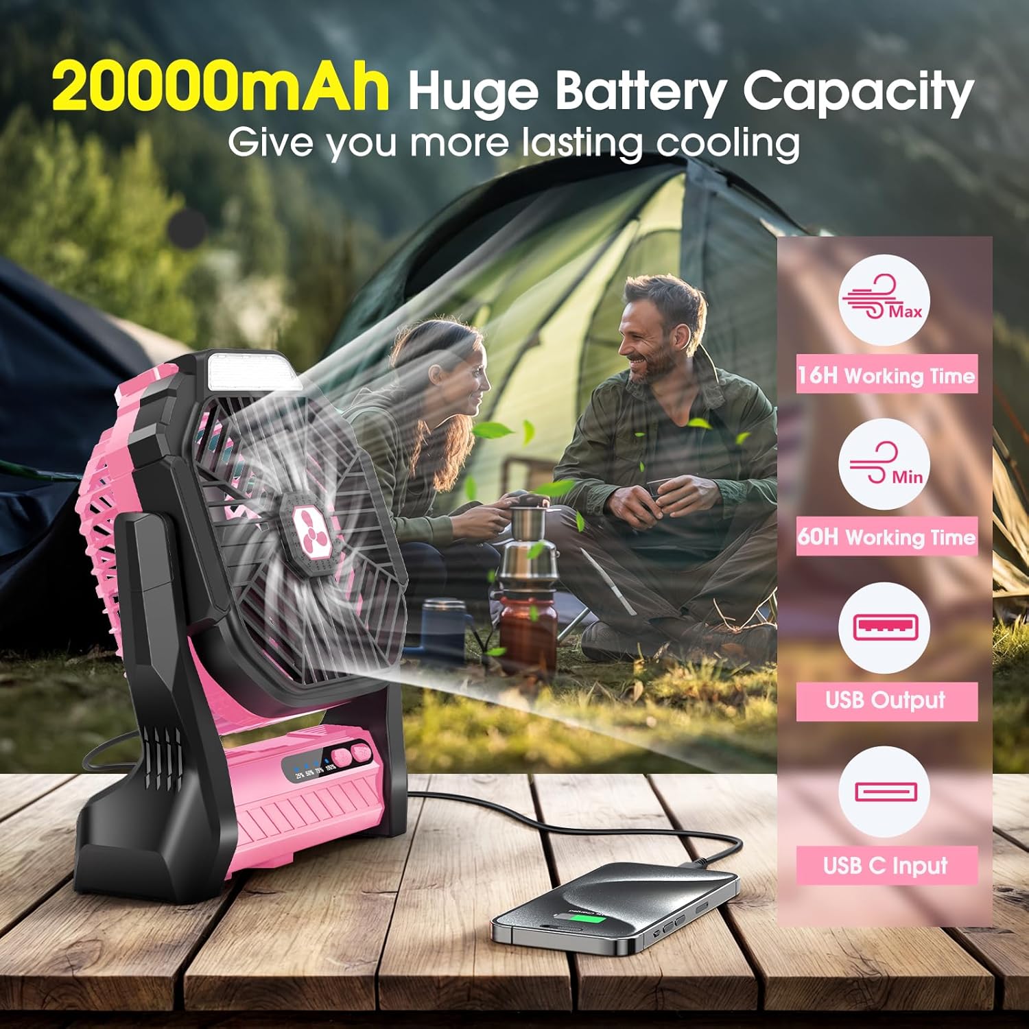 Peouix Portable Rechargeable Fan, 20000mAh Cordless Battery Powered Camping Tent Fans with LED Lantern, Operated Outdoor Ventiladores for Travel Camp Fishing Office Home Essentials