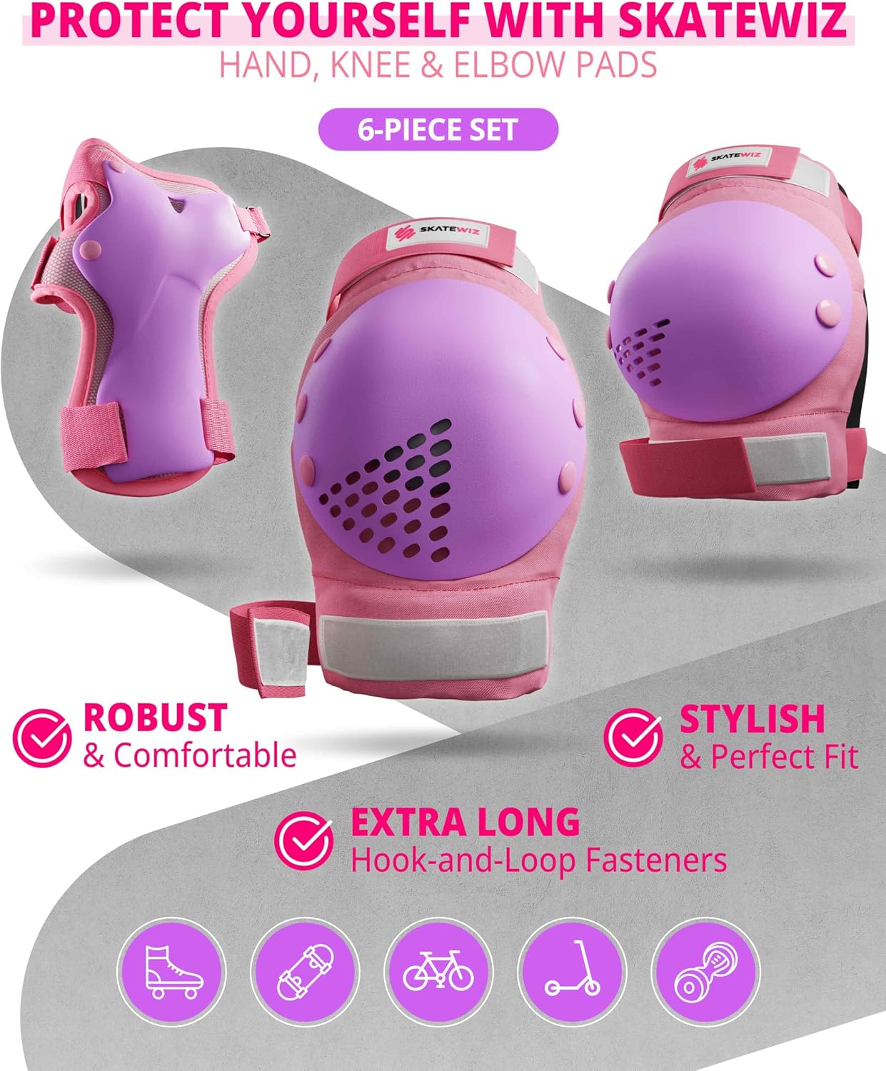 SKATEWIZ Skateboard Pads Protective Gear Set for Kids and Adults - Smash - Roller Skate Pads [6pc] with Wrist Guards - Skating Protective Gear - Roller Derby
