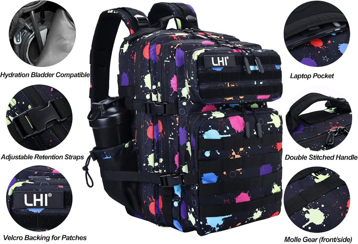 LHI Military Tactical Backpack for Men and Women 45L Army 3 Days Assault Pack Bag Large Rucksack with Molle System Black with multi-color