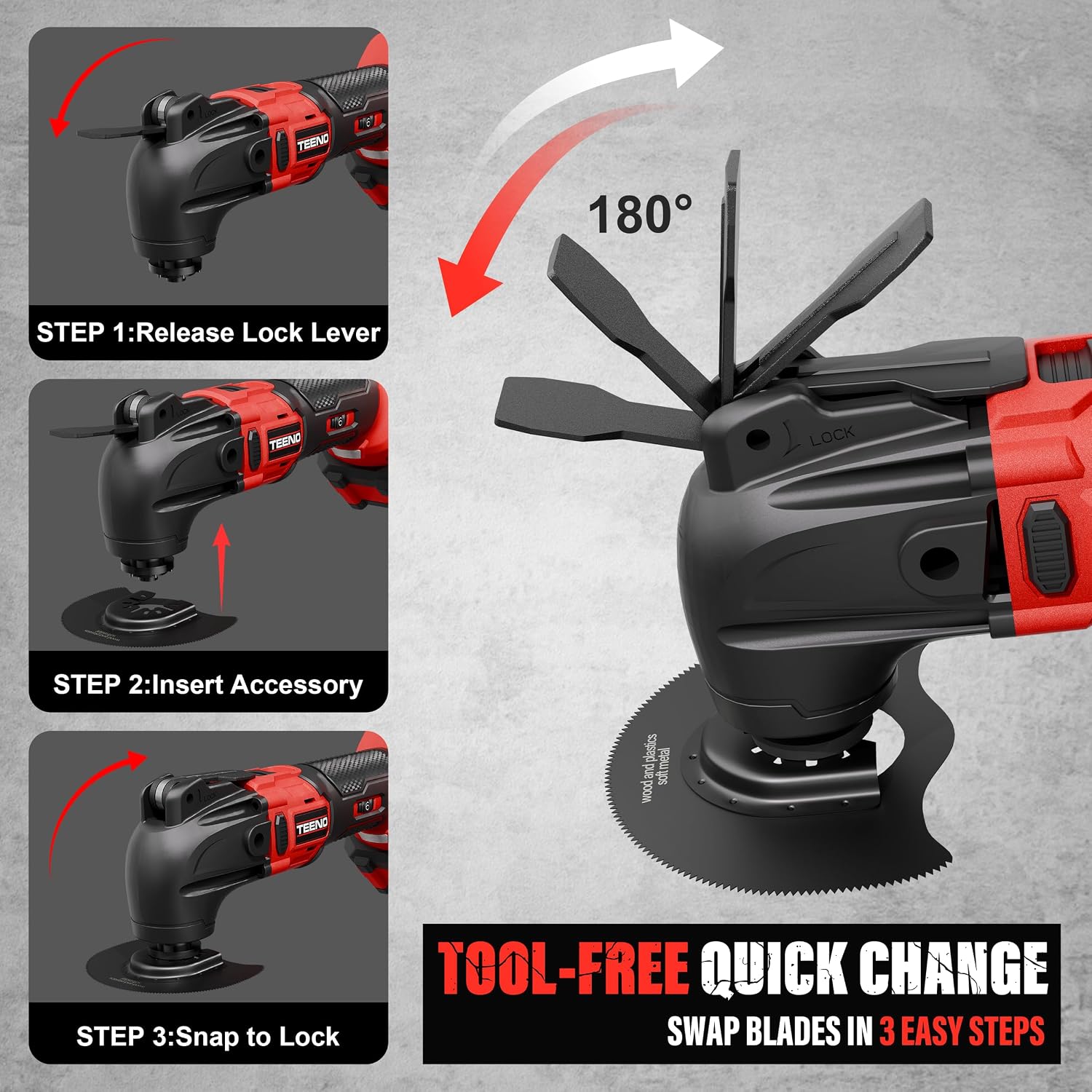 TEENO 20V Cordless Oscillating Tool, 4° Oscillation Angle Oscillating Saw, 6 Variable Speeds with Quick-Lock Change System, 26PCS Multitool Blades & Carrying Bag for DIY Projects