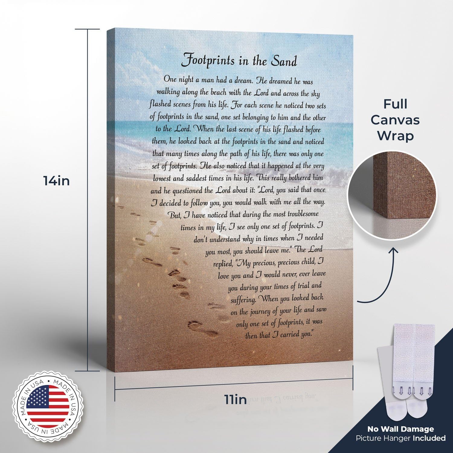 Footprints in the Sand Wall Decor, Footprints in the Sand Inspirational Wall Art, Beach Decor, Christian Gifts for Men and Women Chrisitan Wall Decor, Sympathy Gift.Ready To Hang, C2102-11x14