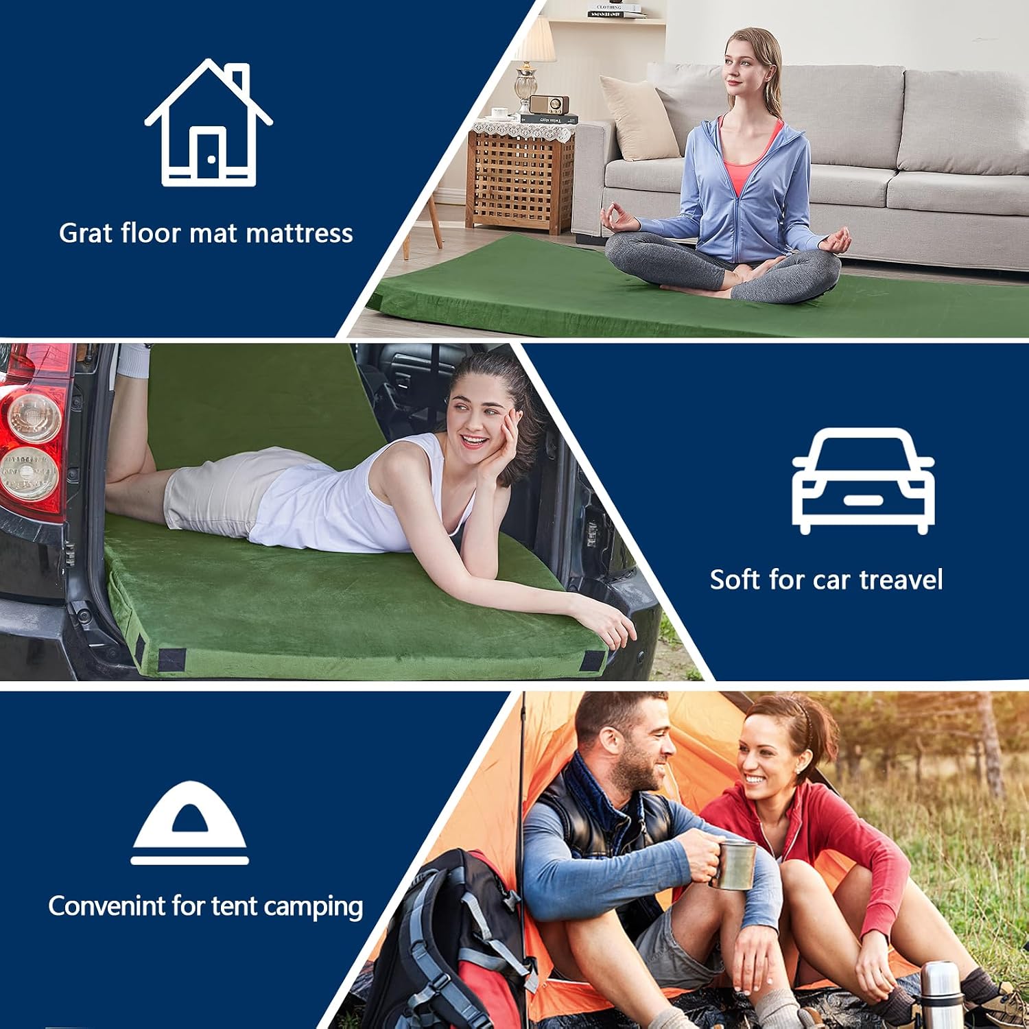 CYMULA Memory Foam Camping Mattress Pad, Sleeping Mat, Portable Roll Up Mattress for Adults, Camping Bed Pads for Sleepover, Car Bed with Travel Bag
