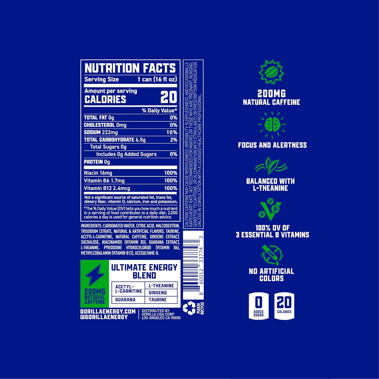 Gorilla Energy Drink, Original 0 Sugar, 200mg Plant-Based Caffeine, 12 Pack