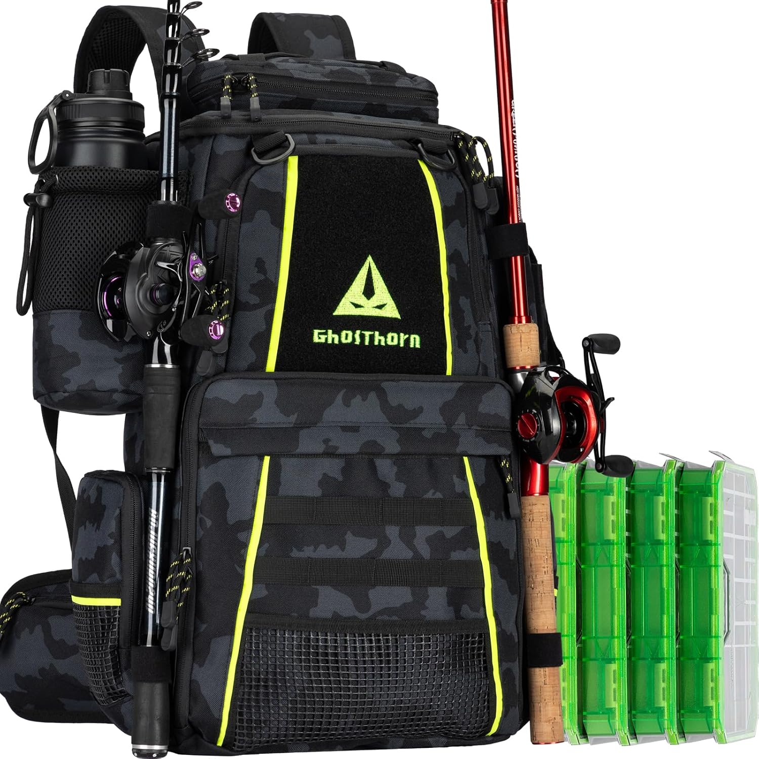Ghosthorn 43L Fishing Tackle Backpack with 4 Tackle Boxes & Rod Holder