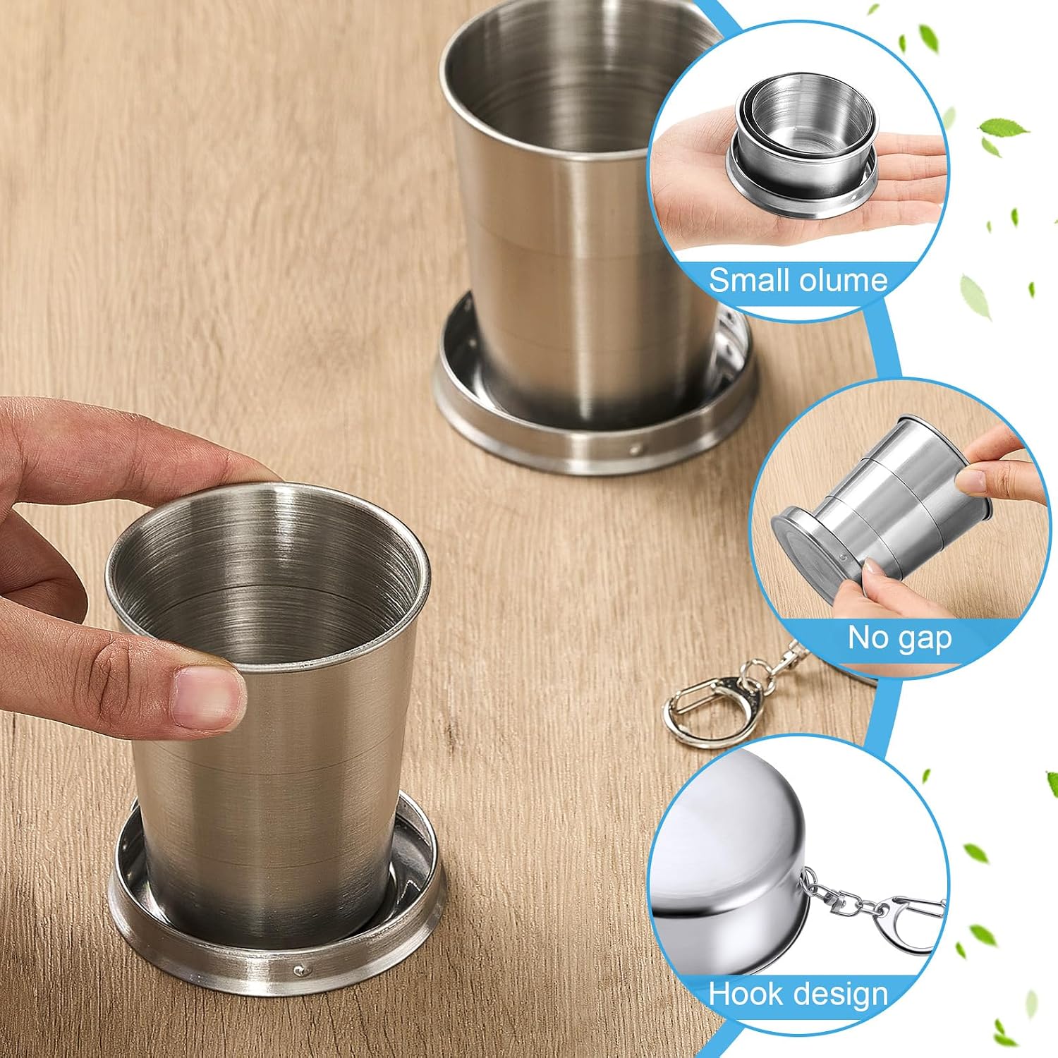 Tessco for you 6 Pieces Collapsible Shot Glasses Stainless Steel Collapsible Cup Reusable Portable Travel Folding Cup with Lid and Keychain for Camping Hiking Cycling (8.5 oz)