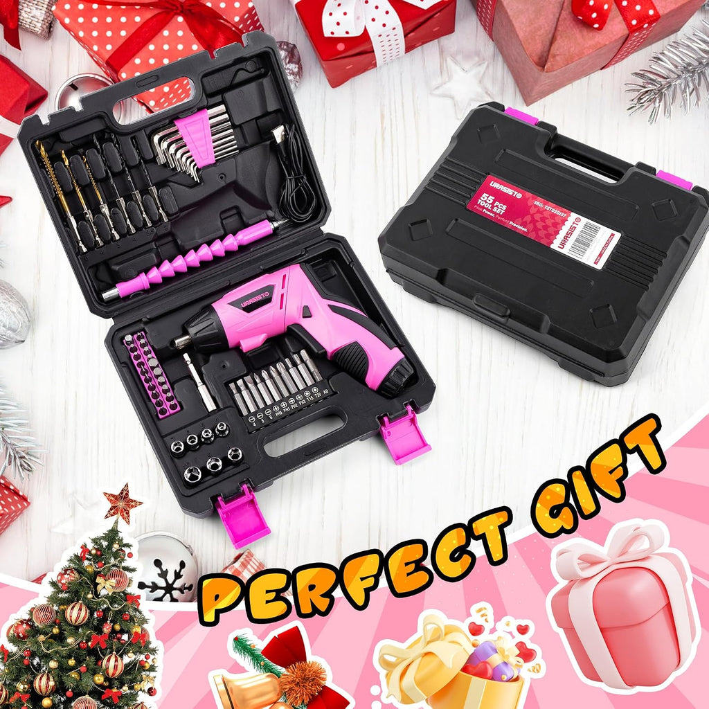 URASISTO 55-Piece Kids Real Tool Set, Electric Cordless Drill Tool Kit for Children with Interchangeable Bits, Flexible Shaft, Charger, All in Carrying Case, Power Drill Tools Set for Kid, Age 14+