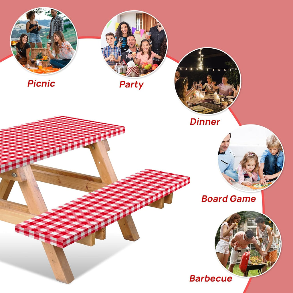 Vinyl Fitted Picnic Table Cover with Bench Covers & Bag 6ft Red Checkered