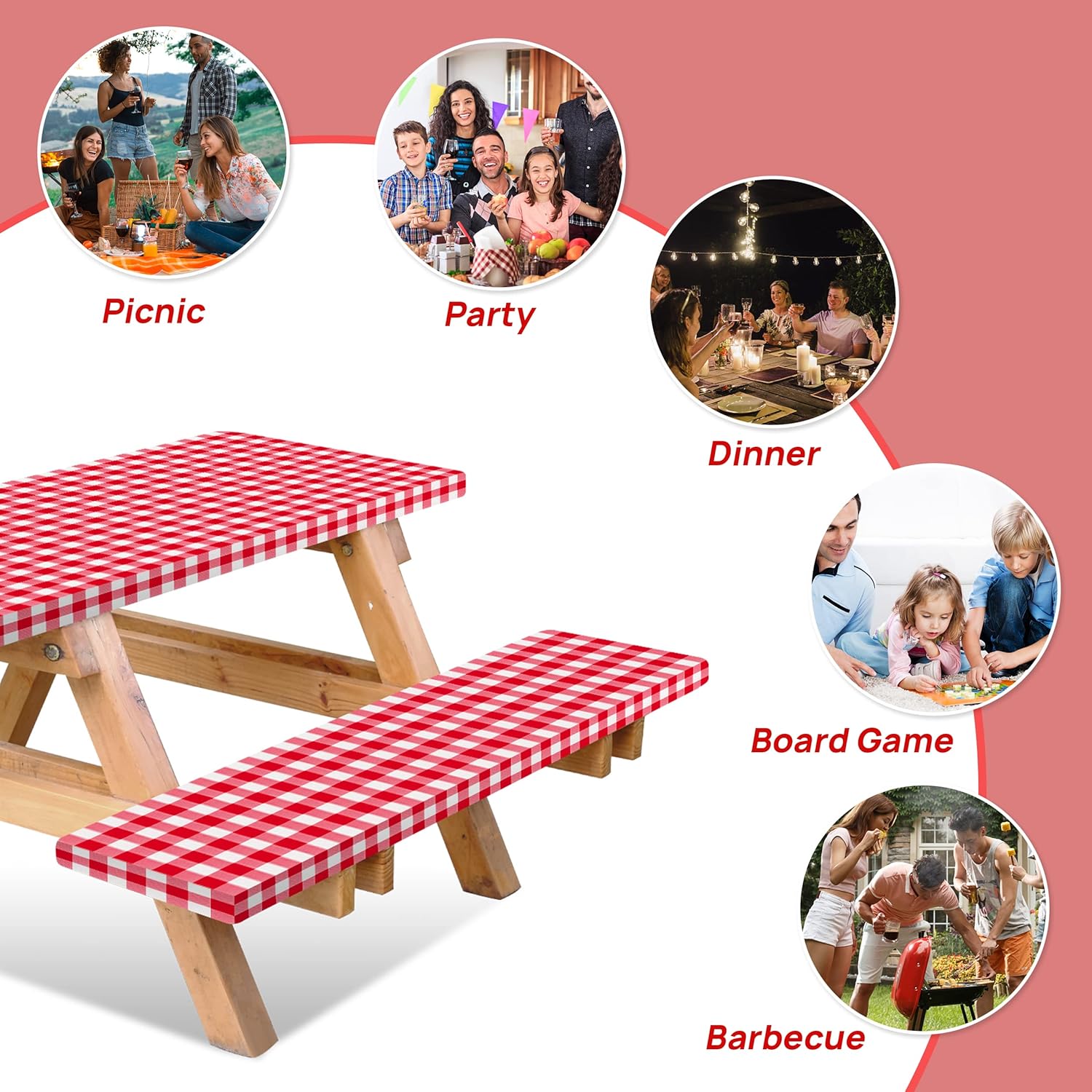 Vinyl Fitted Picnic Table Cover with Bench Covers & Bag 6ft Red Checkered