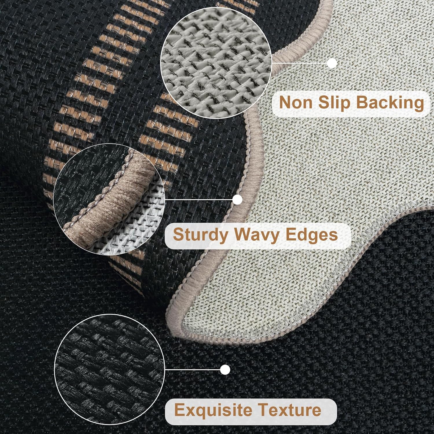 Modern Easy Jute 3x5 Outdoor Patio Rug, Black Washable Rugs for Entryway Indoor Kitchen Rugs, Farmhouse Neutral Non Slip Carpet for Living Room Backyard