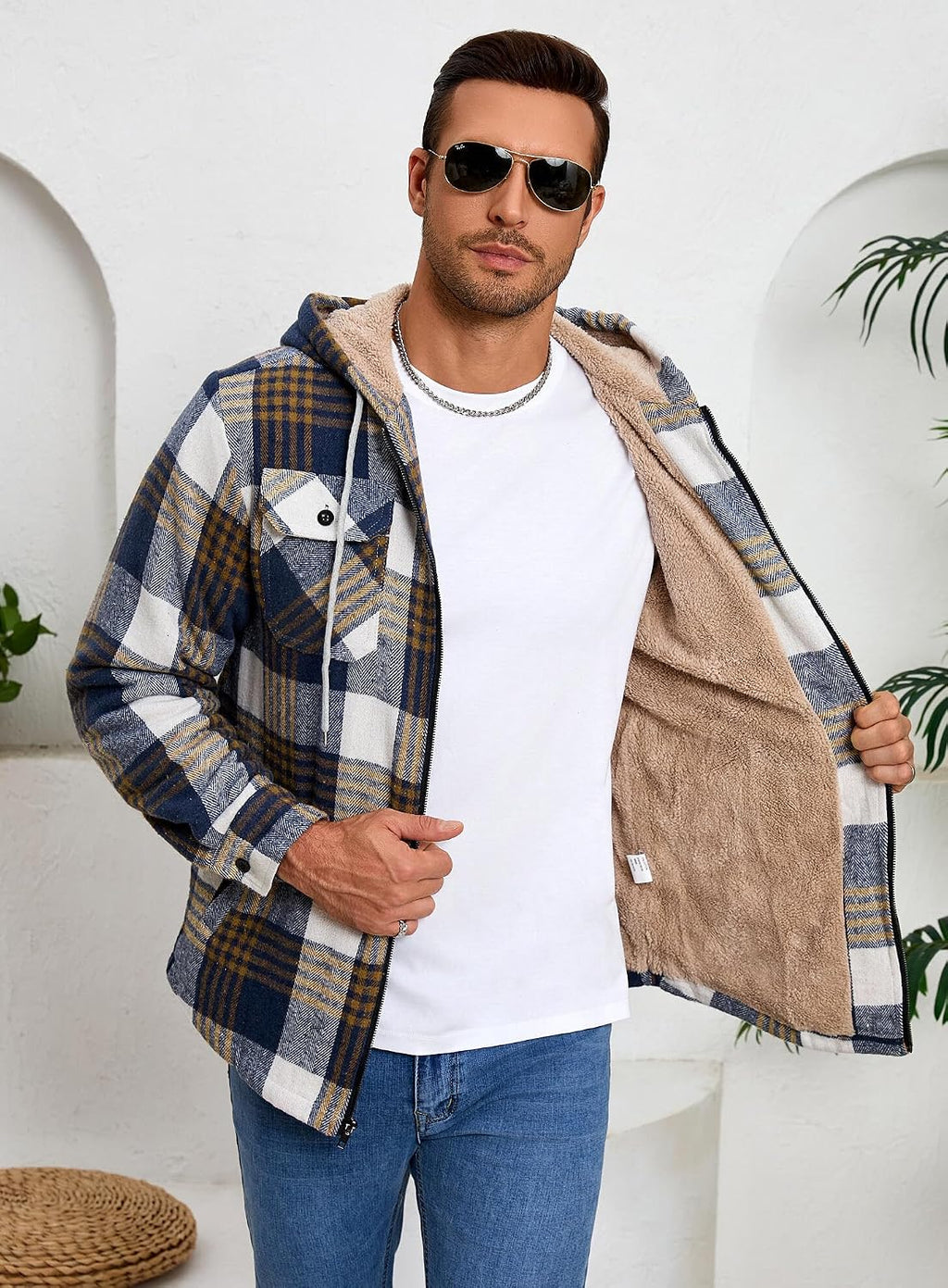 Men's Zip Up Flannel Shirt Jacket Fleece Lined with Hood