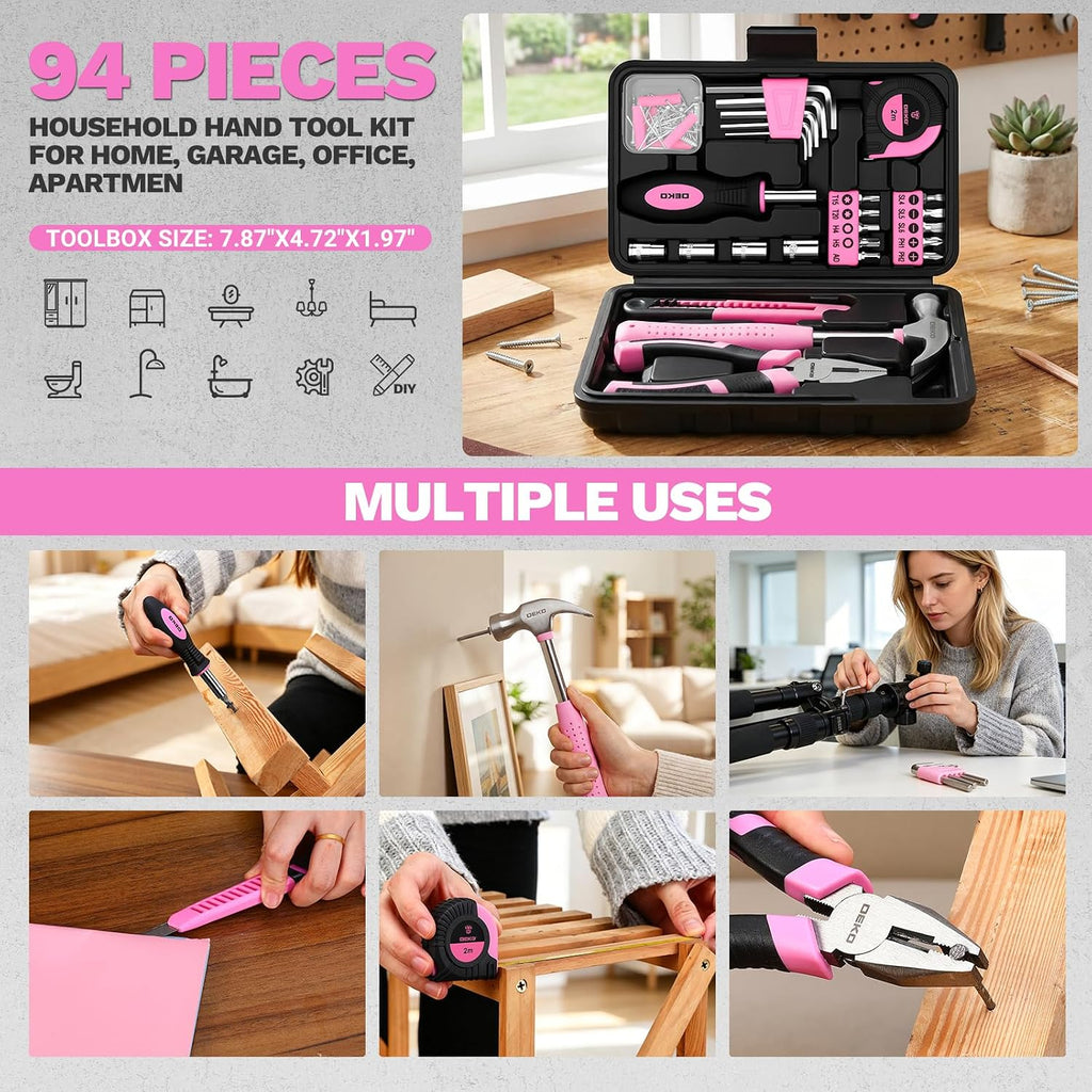 DEKOPRO 94 Piece Pink Tool Set, Household DIY Tool Kit for Women with Storage Toolbox, Small Basic Hand Tool Box Set for Home Repair, DIY, Apartment, Office