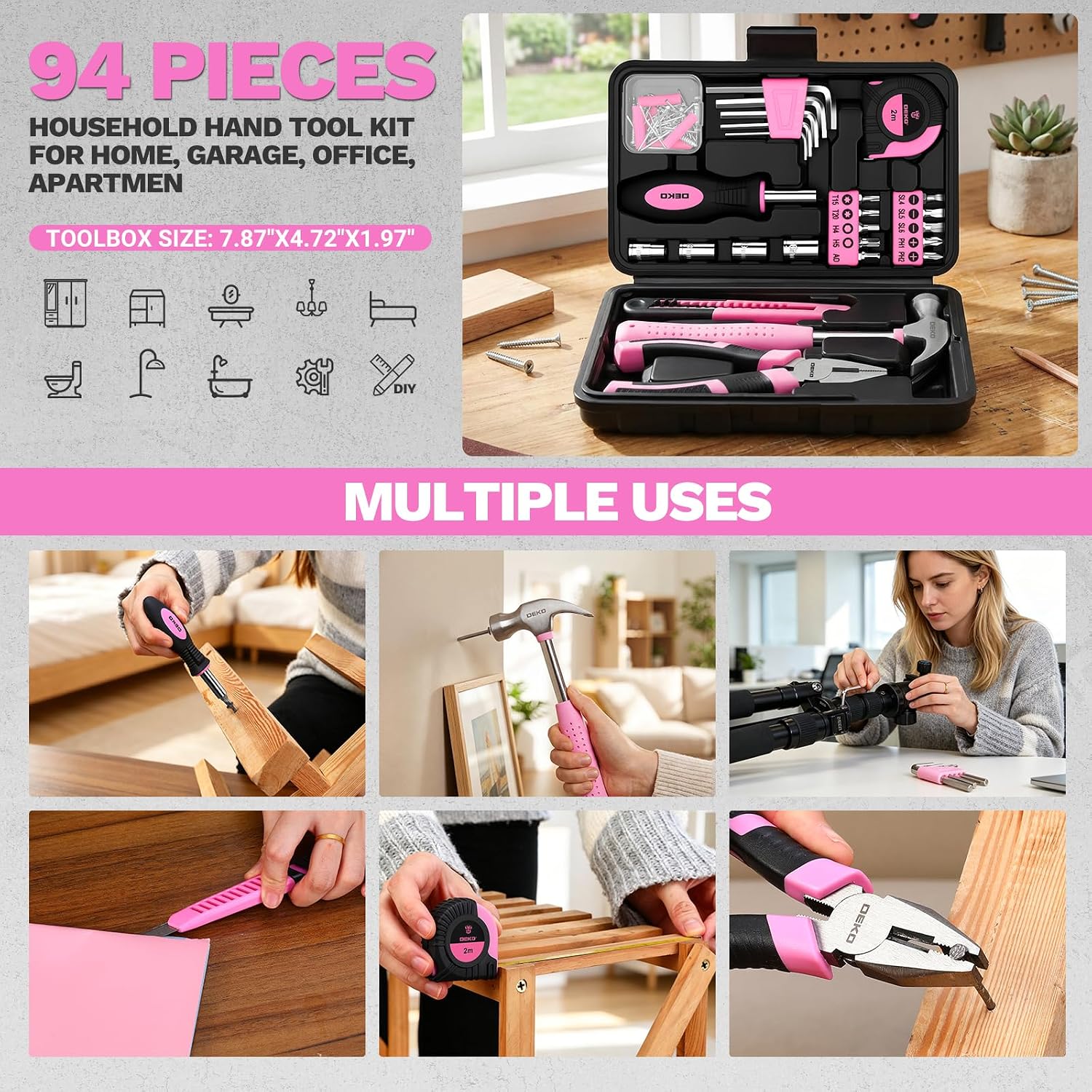 DEKOPRO 94 Piece Pink Tool Set, Household DIY Tool Kit for Women with Storage Toolbox, Small Basic Hand Tool Box Set for Home Repair, DIY, Apartment, Office