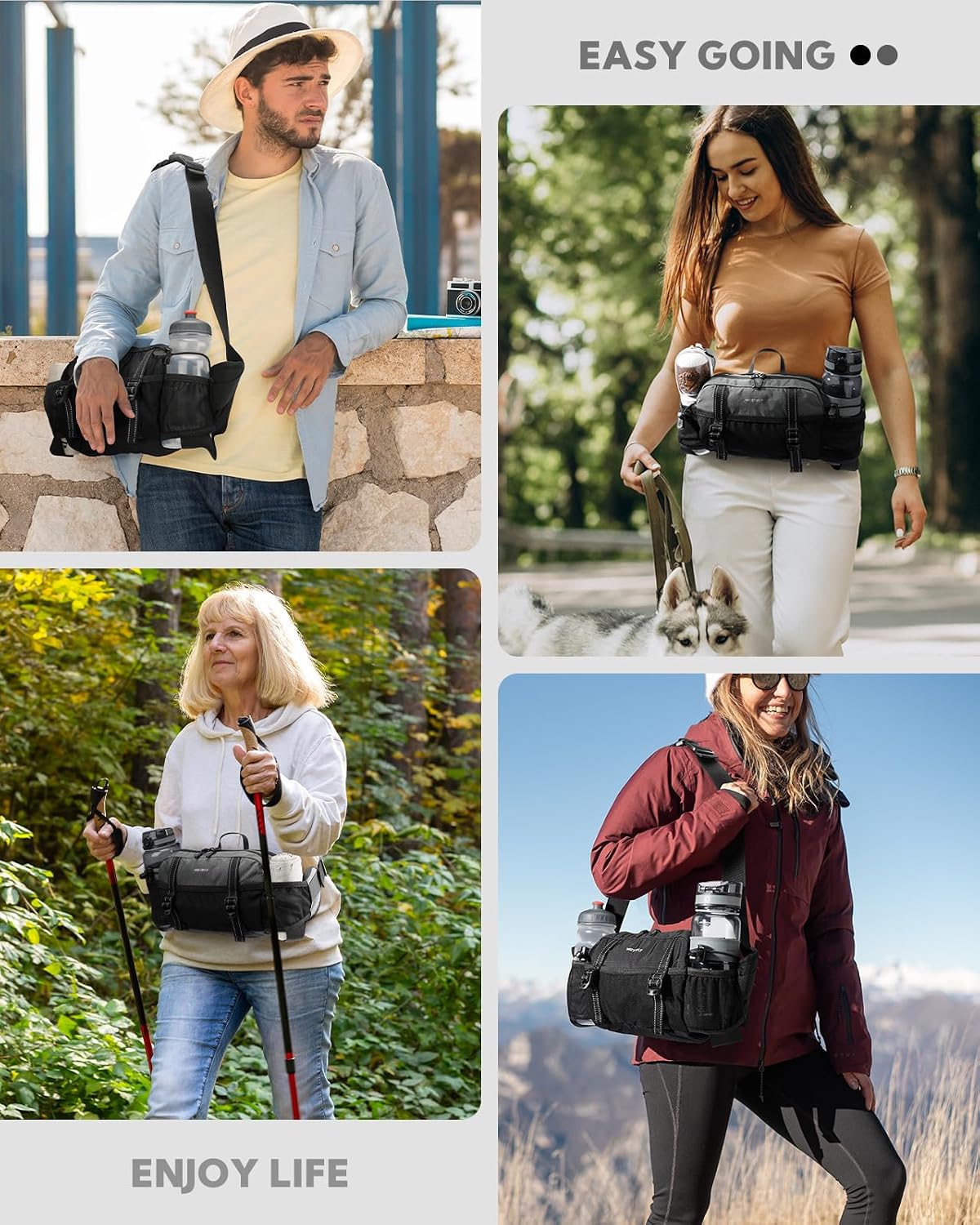WATERFLY Large Hiking Fanny Pack: 3L Waist Bag with 2 Bottle Holders for Women Men - 9 Pockets & Adjustable Belt Lumbar Hip Packs for Travel Running Cycling Camping Workout (Bottles Not Included)