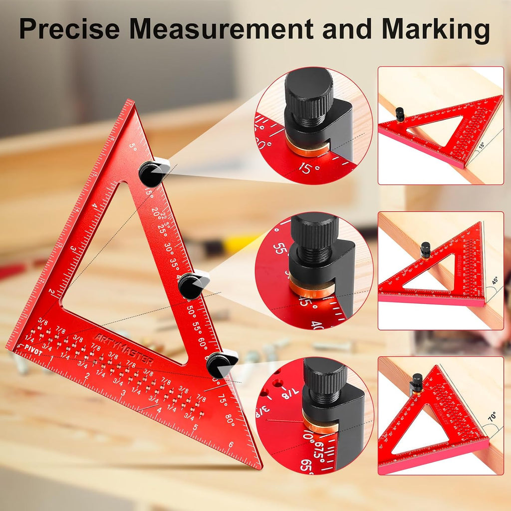 7 inch Carpenter Square, 1/16" Precision Hole Scribing Square Tools, 0-90° Aluminum Alloy Rafter Square, Woodworking Square with Stair Gauge & Carpenter Pencils 12 Refills AM13F