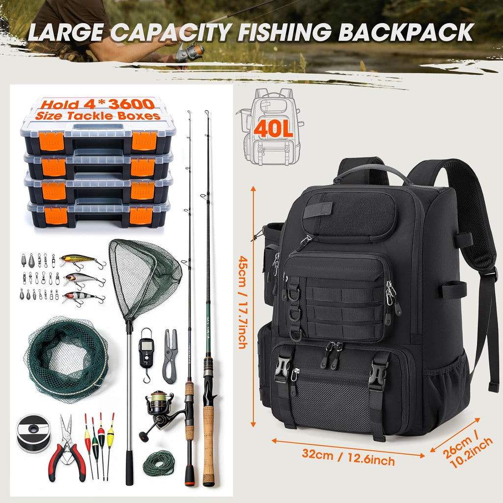 RAINSMORE Fishing Backpack 40L Tackle Backpack with Rod Holders & Cooler