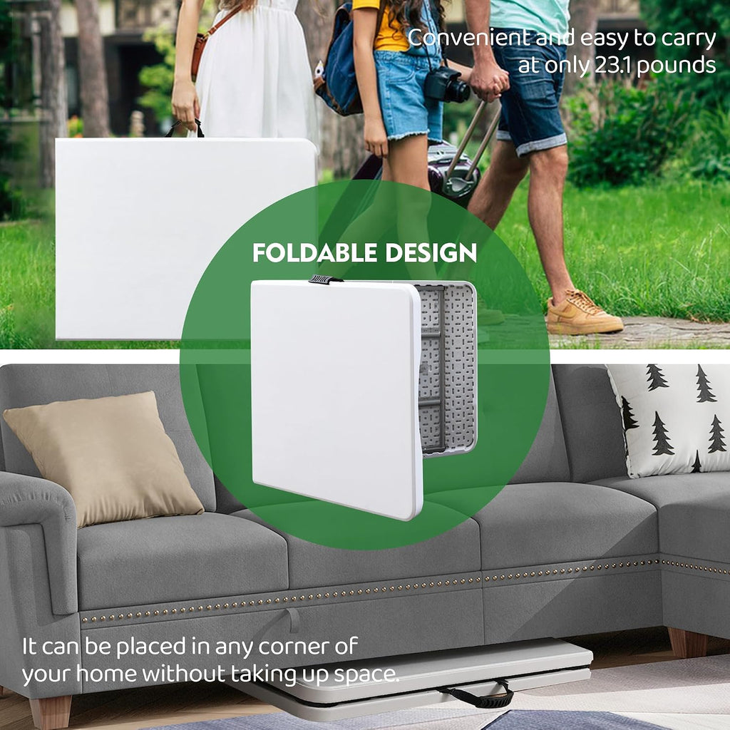 Foldable Table, Plastic 6FT Folding Table, Indoor Outdoor Portable Utility Table with Handle for Party, Camping and Picnic, White