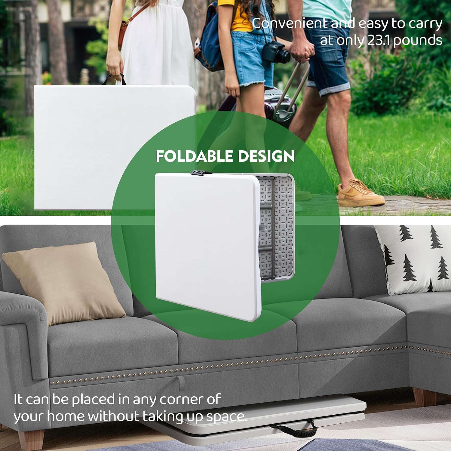 Foldable Table, Plastic 6FT Folding Table, Indoor Outdoor Portable Utility Table with Handle for Party, Camping and Picnic, White
