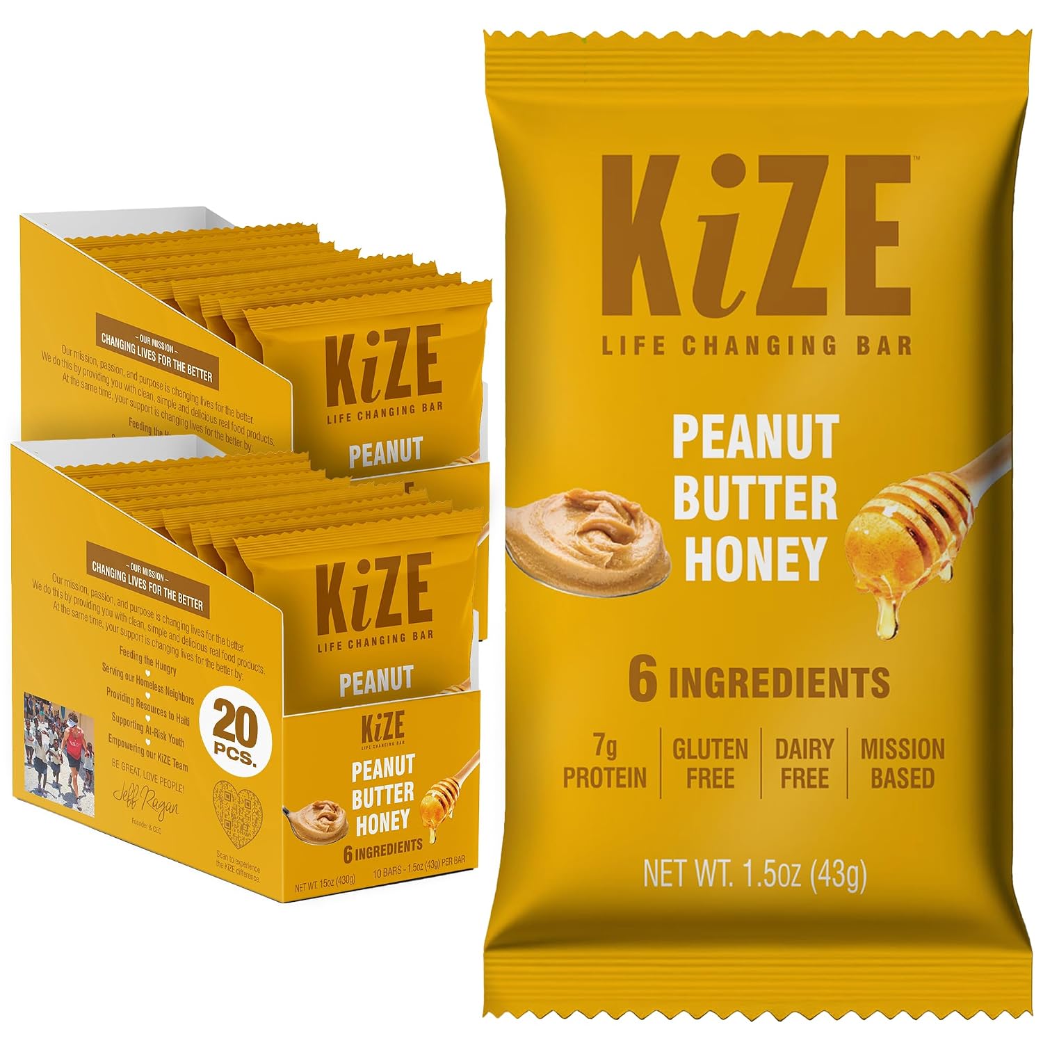 KiZE Energy Bars - Peanut Butter Honey - 20-Count - Gluten Free, Dairy Free, Non-GMO, and High Protein Meal Replacement Energy Bars, Clean and Simple Food Ingredients - 7g High Protein Snacks (20 Count)