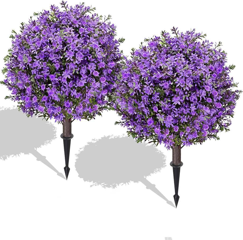 27.5" Artificial Boxwood Topiary Ball Tree, Set of 2 Fake Bushes Shrubs with Ground Spike, UV Resistant Faux Evergreen Boxwood Trees for Front Porch Planters Outdoor Garden Decor