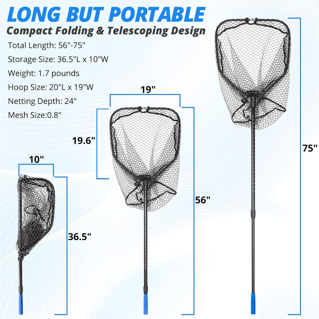 Foldable Long Fishing Net, Large Landing Net with Telescoping Handle