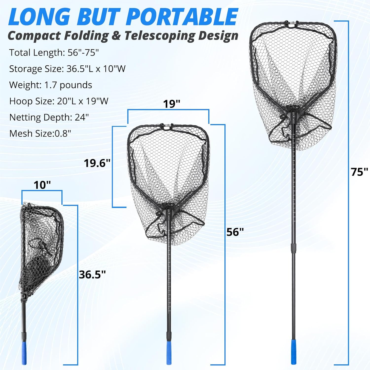 Foldable Long Fishing Net, Large Landing Net with Telescoping Handle