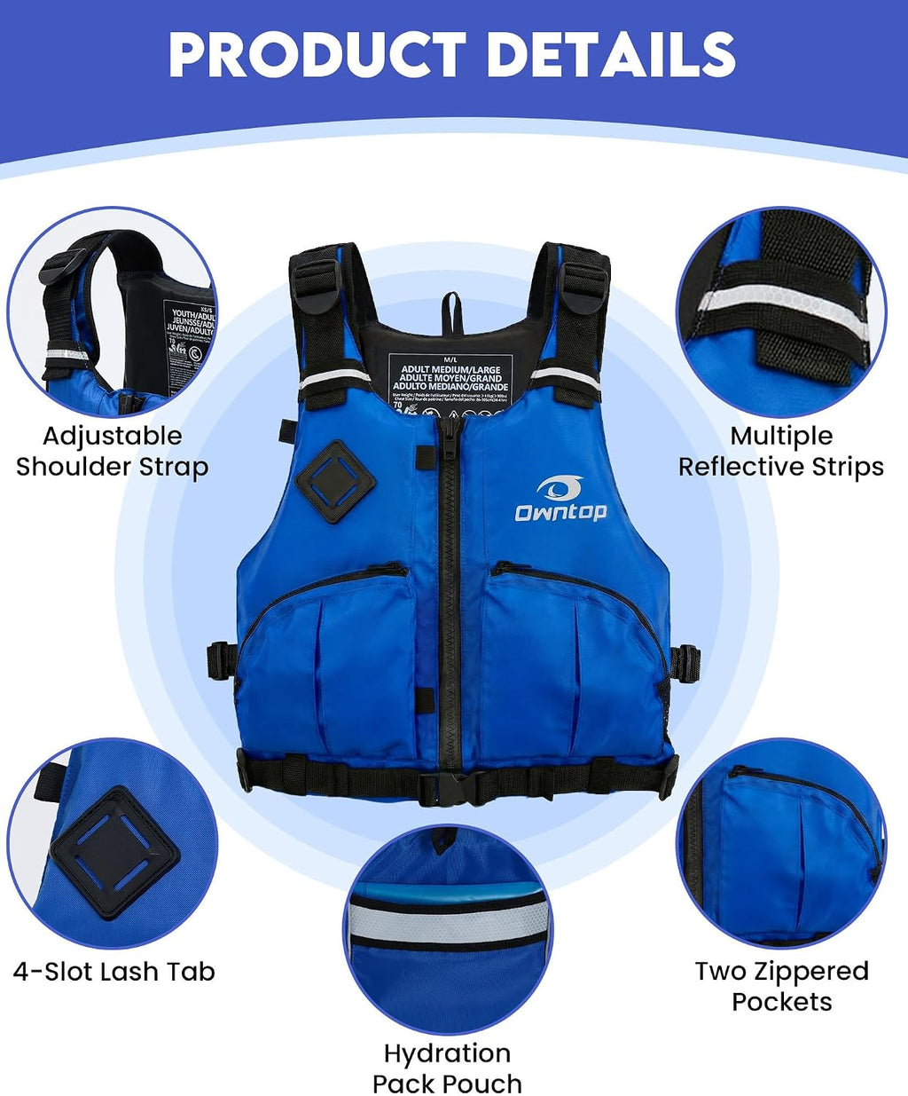 Owntop Women & Men Swim Vest for Kayaking & Paddle Sports, Adjustable Swimming Vest for Adult, Large Armhole Swim Jacket with Waist Strap for Fishing & Boating