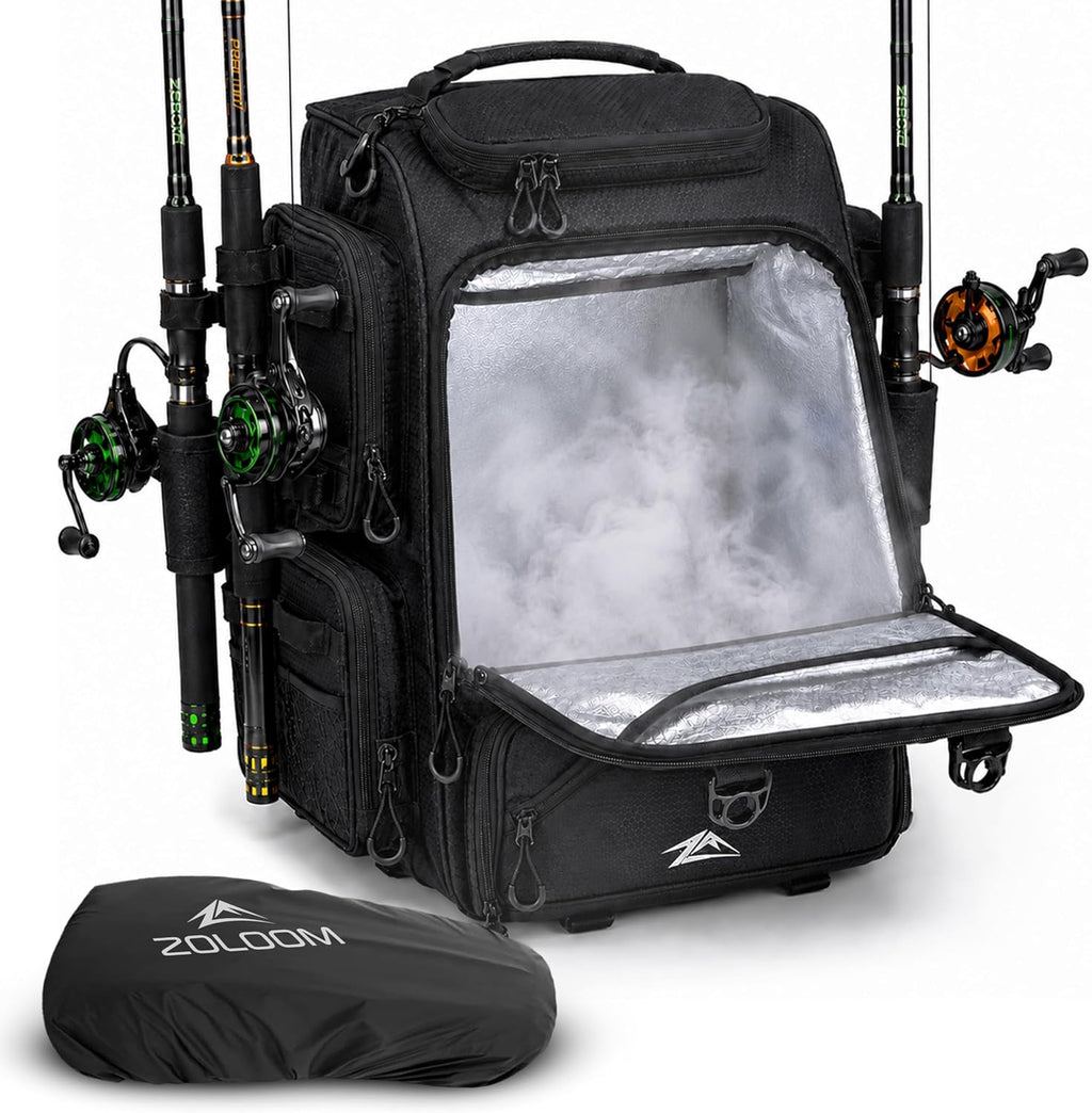 Waterproof Fishing Backpack with Rod Holders- 40L Fishing Tackle Bag, Extra Storage Gear and Equipment, Rain Cover, Fisherman Gift for Men
