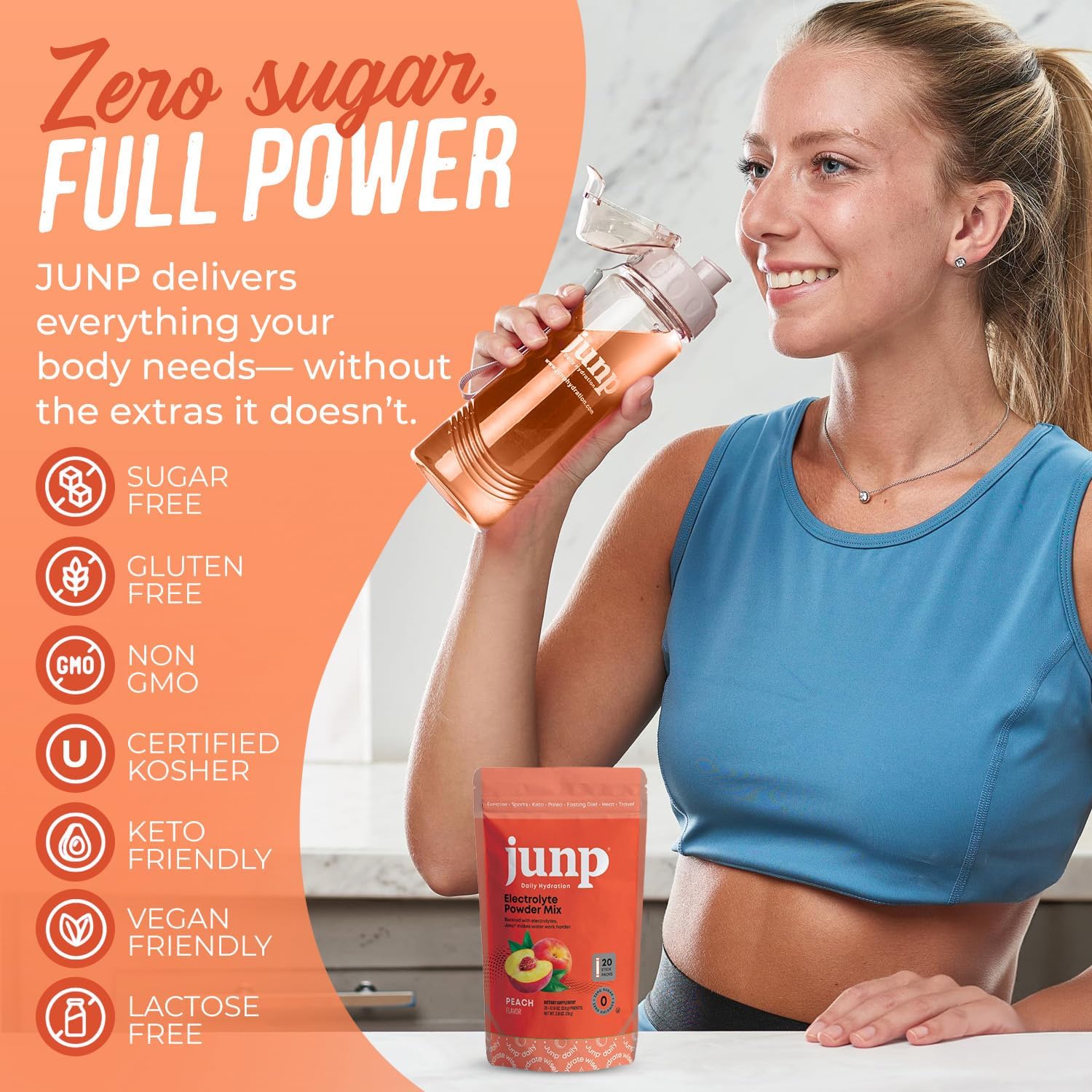 JUNP Sugar Free Electrolytes Powder Packets for Water Instant Hydration Packets with Salt & Potassium, Zero Calorie, No Carbs No Sugar Electrolyte Drink Mix Sticks, Keto Friendly, Juicy Peach 20 Pack