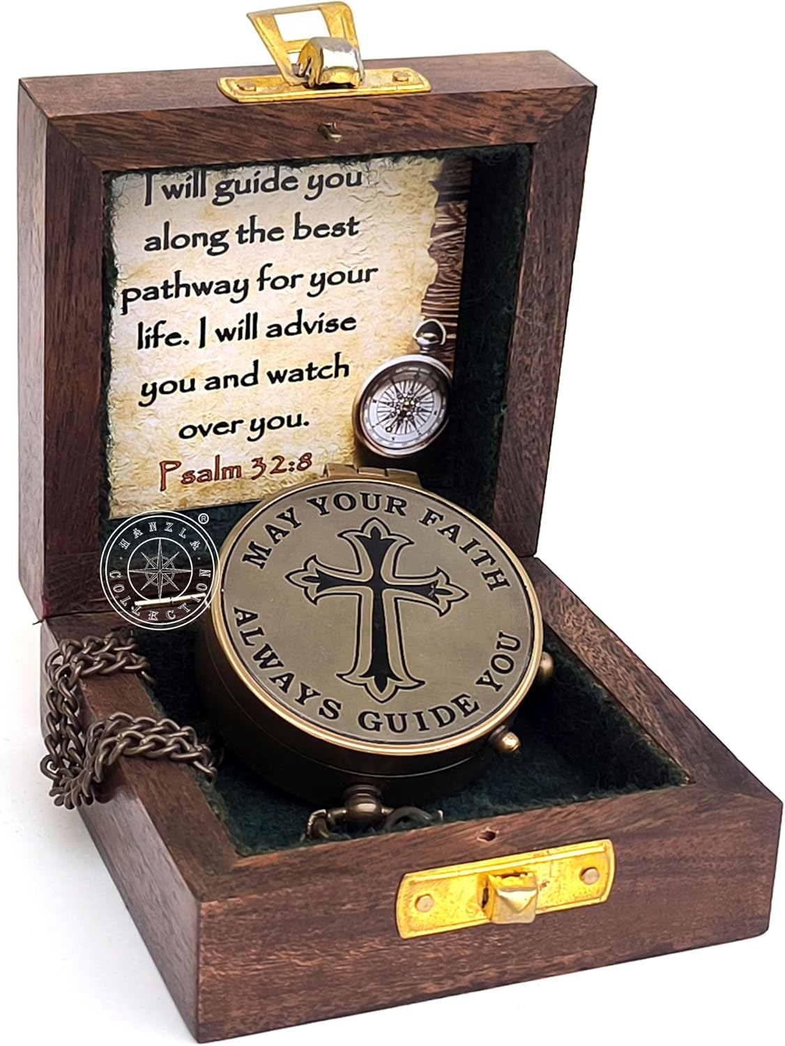 May Your Faith Always Guide You Pslam 32:8 Engraved Compass, Pocket Gift for Hiking, Religious Brass Compass with Wooden Box, Navigational Outdoor Compass Great Gift Item for Your Loved Ones