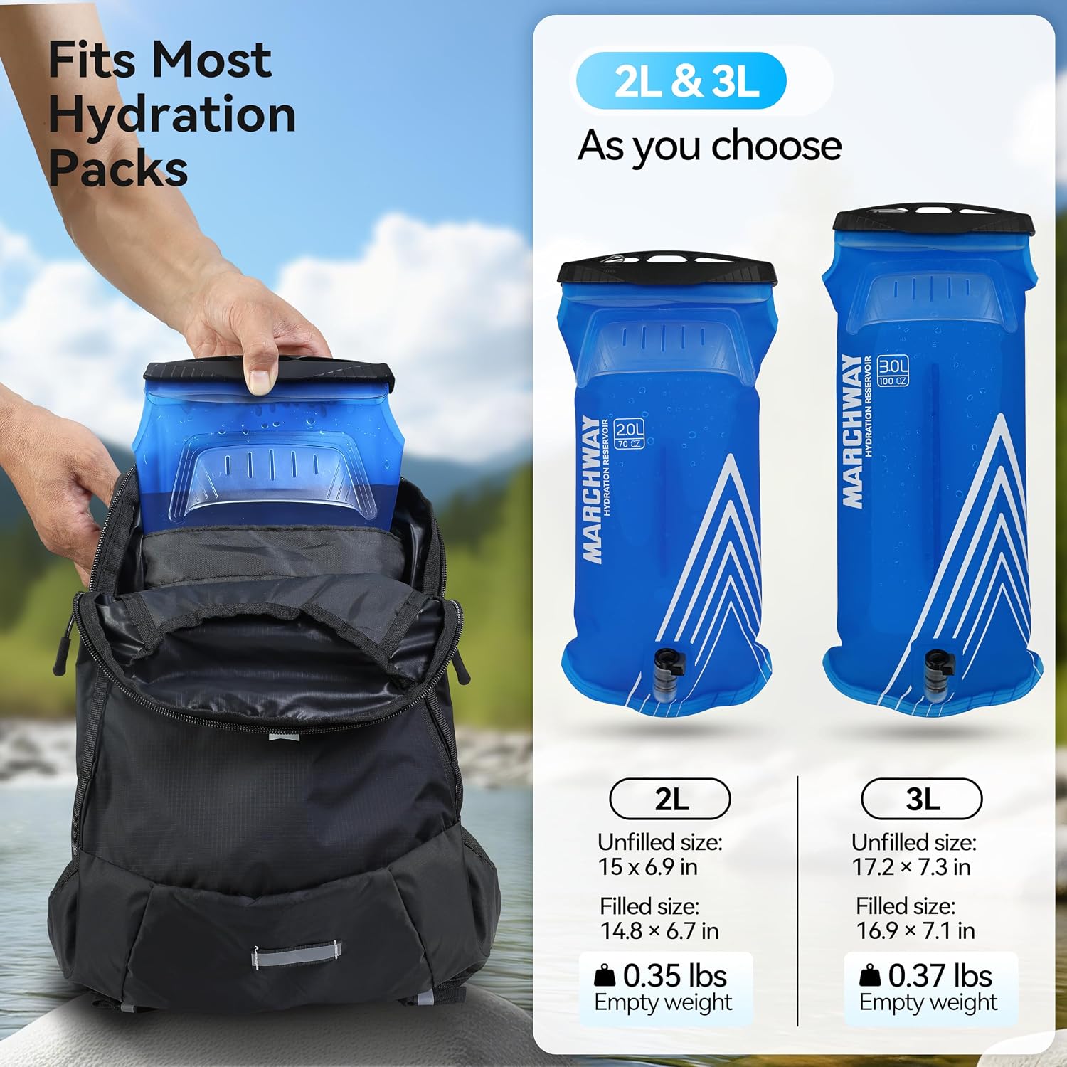 MARCHWAY Lightweight TPU Hydration Bladder 2L/3L for Hydration Packs, Slide-Seal Wide Mouth Water Reservoir Bag with Carry Handle for Hiking, Cycling, Running, Camping, Travel