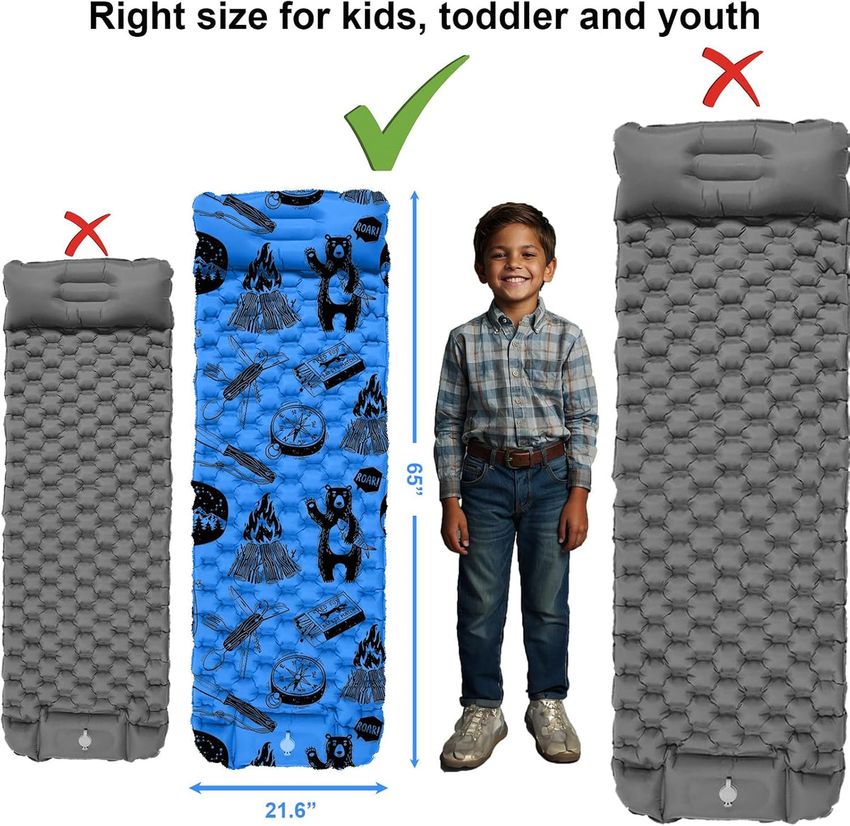 Inflatable Sleeping pad for Kids, Toddler and Youth | Air Mattress w Built-in Pump, 5’5” Ultralight Sleeping Mat with Pillow for Camping, Sleepovers & Travel | Airpad, Kids Cot, Camping Mattress -Blue