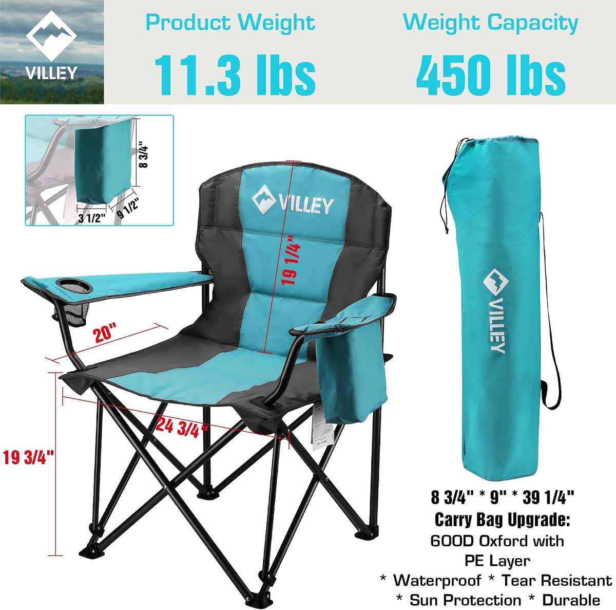 VILLEY Oversized Folding Camping Chair, Portable Outdoor Seat
