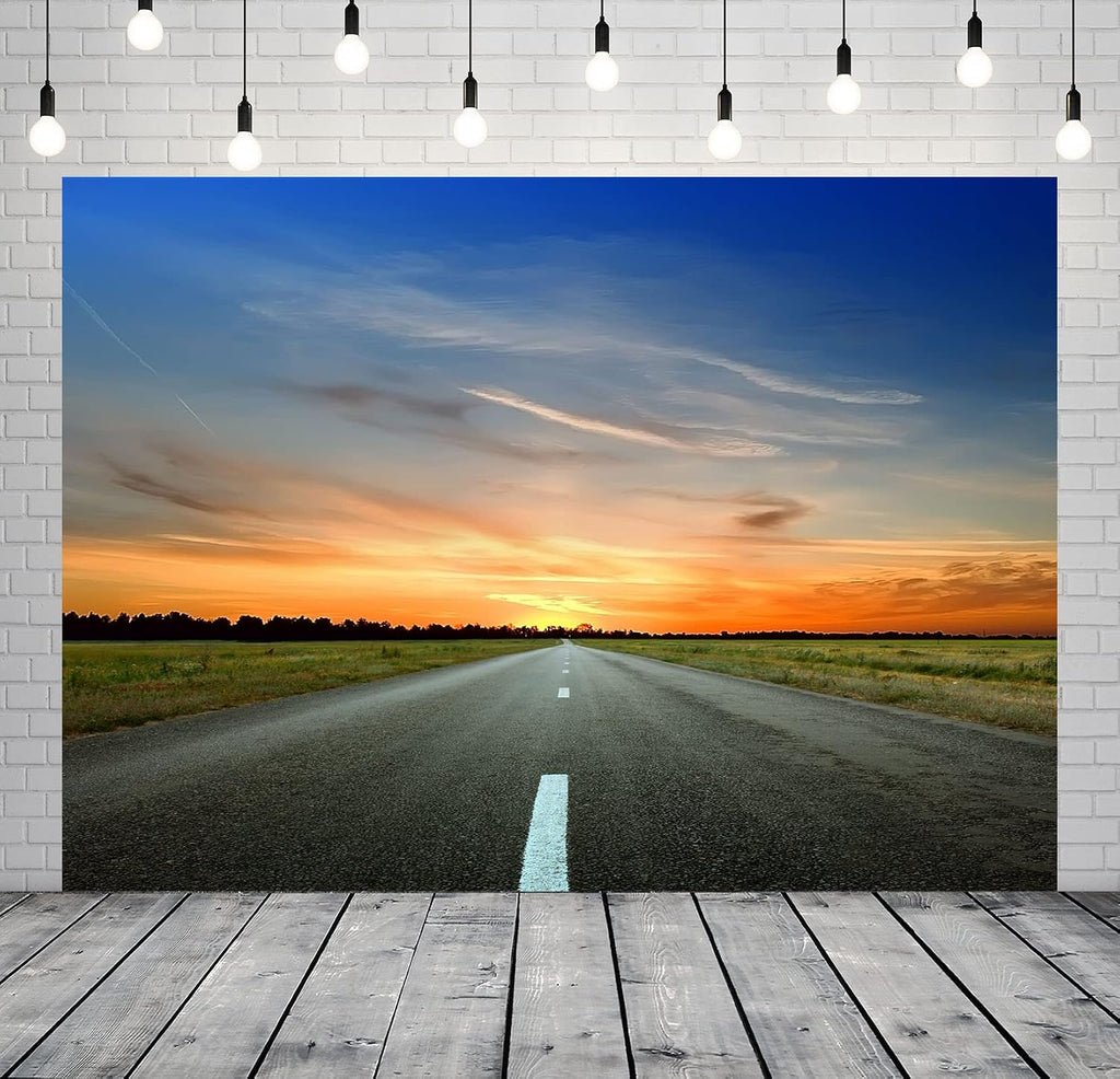 Fabric 7x5ft Highway Road Backdrop Countryside Road Trip Backdrop for Photography Sunset Nature Landscape Background Travel Birthday Party Baby Shower Banner Men Kids Photoshoot Prop