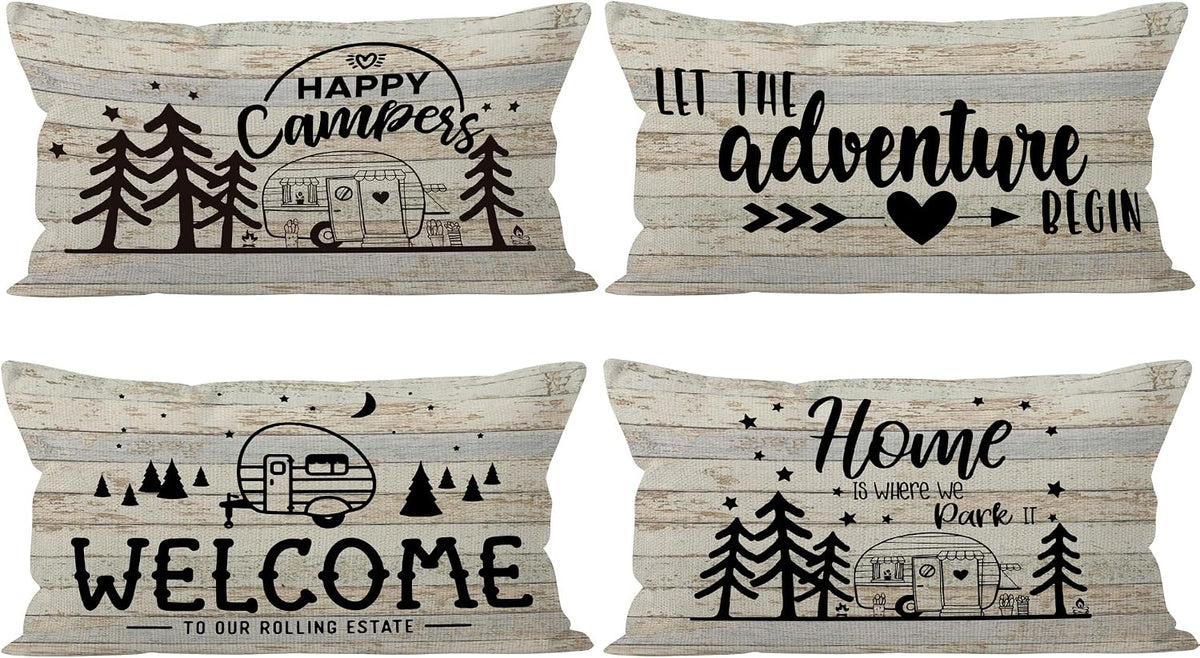 Happy Camper Pillow Cushion Cover Set of 6, 18 x 18 Inch - RV, Trailer & Camping Decor