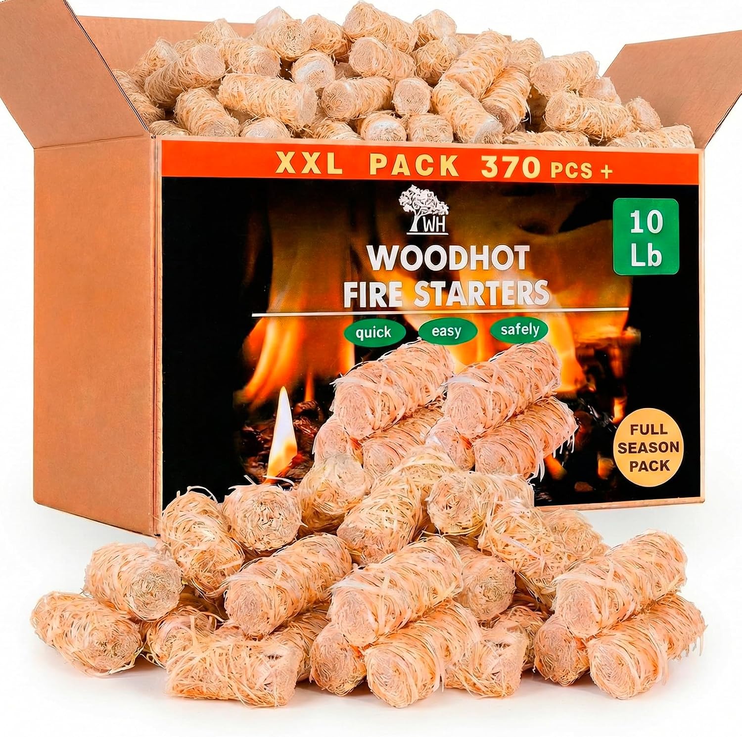 WH 370 pcs Natural Fire Starters, 10 lb Large Box for Grills & Campfires