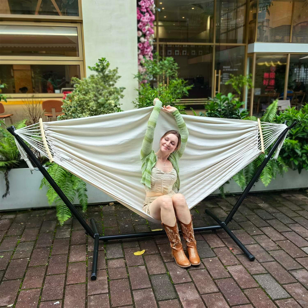 GOCAN Double Hammock 2 Person Large 220x160cm with Steel Stand and Removable Spreader bar Load 500lb, Canvas Cotton Hammocks for Patio Porch Garden Backyard Outdoor and Indoor, Blue