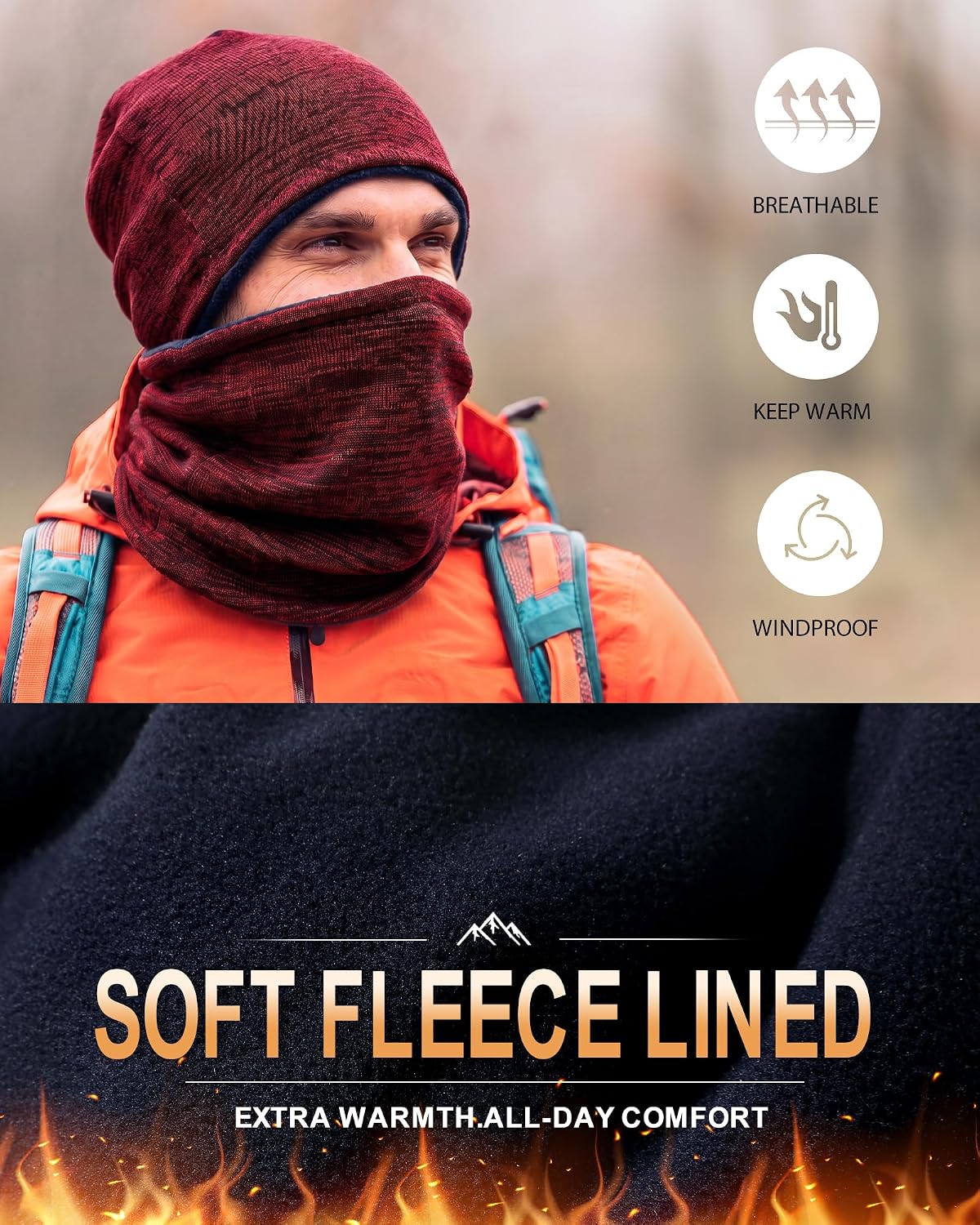 Winter Beanie Hat Scarf Set for Men Women Fleece Lined Warm Windproof Ski