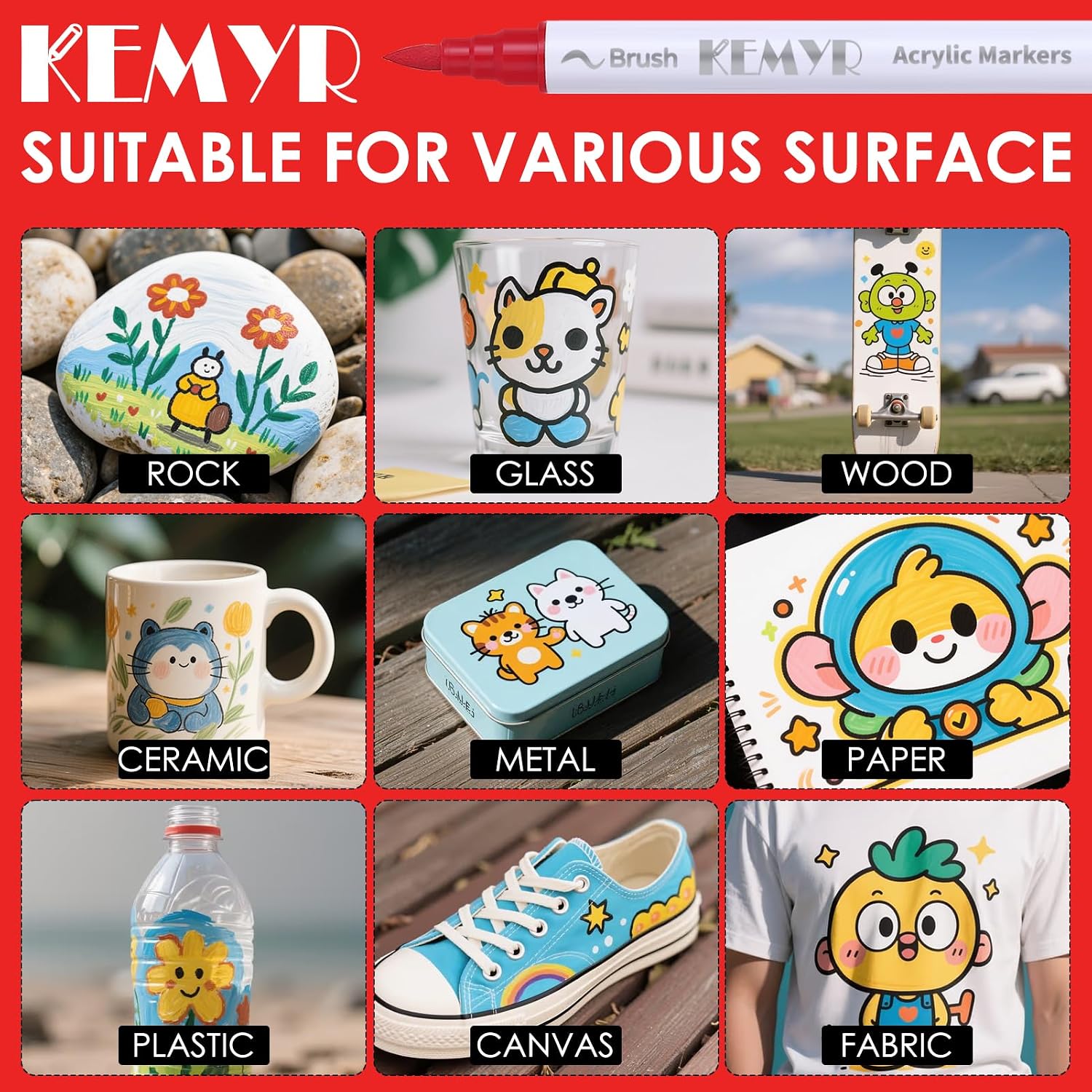 KEMYR 100 Colors Brush & Fine Tip Acrylic Paint Pens, Dual Tip Acrylic Paint Markers for Paper, Wood, Canvas, Stone, Rock, Glass, Fabric, DIY, Ceramic, Art Supplies for Adults Drawing