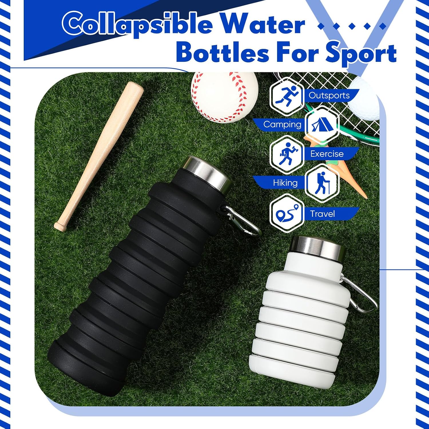 Baderke 2 Pcs Collapsible Water Bottles, 17oz, Black, Gray White