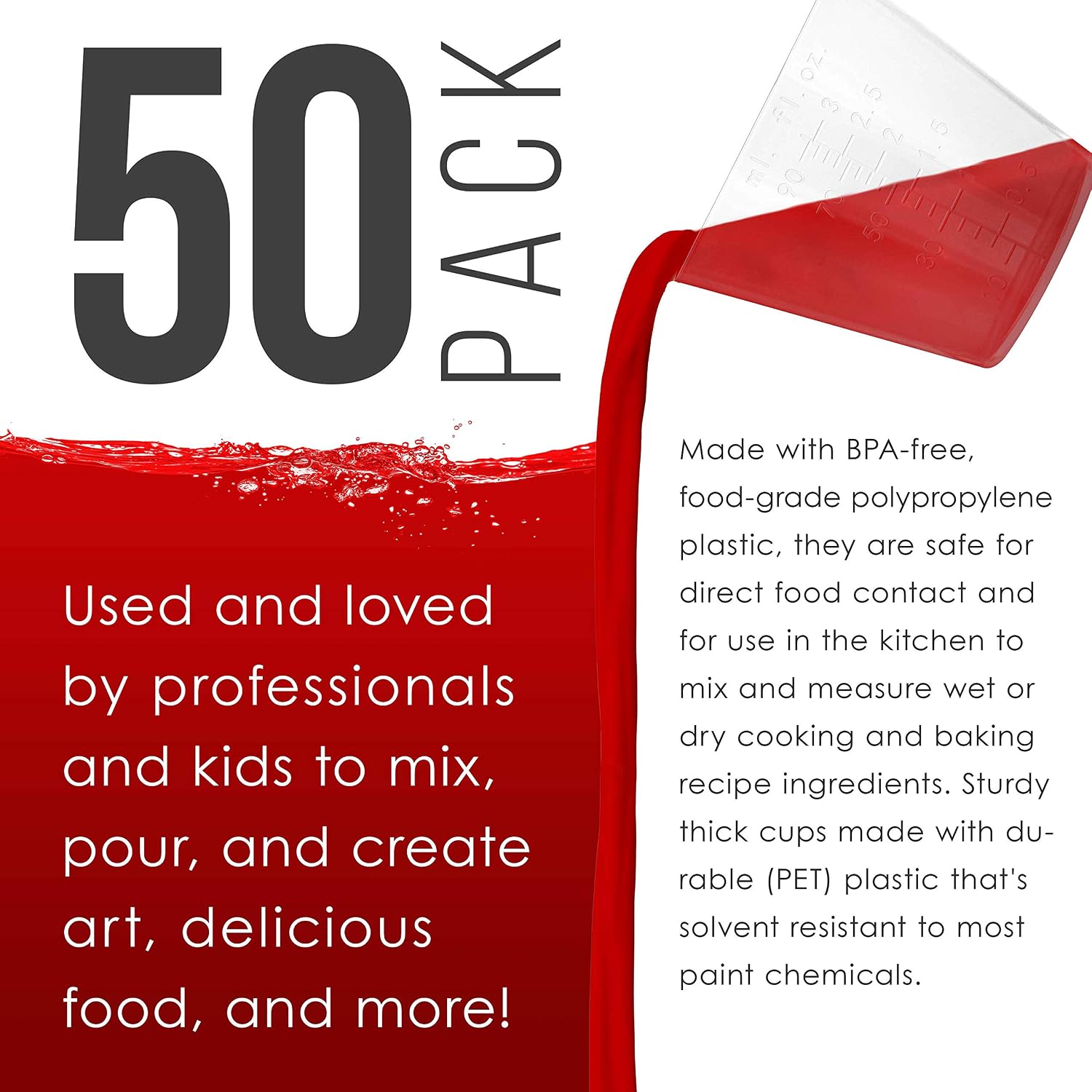 Pouring Masters 3 Oz (90 ml) Liquid Measuring Cups, 50 Pack with 25 Sticks