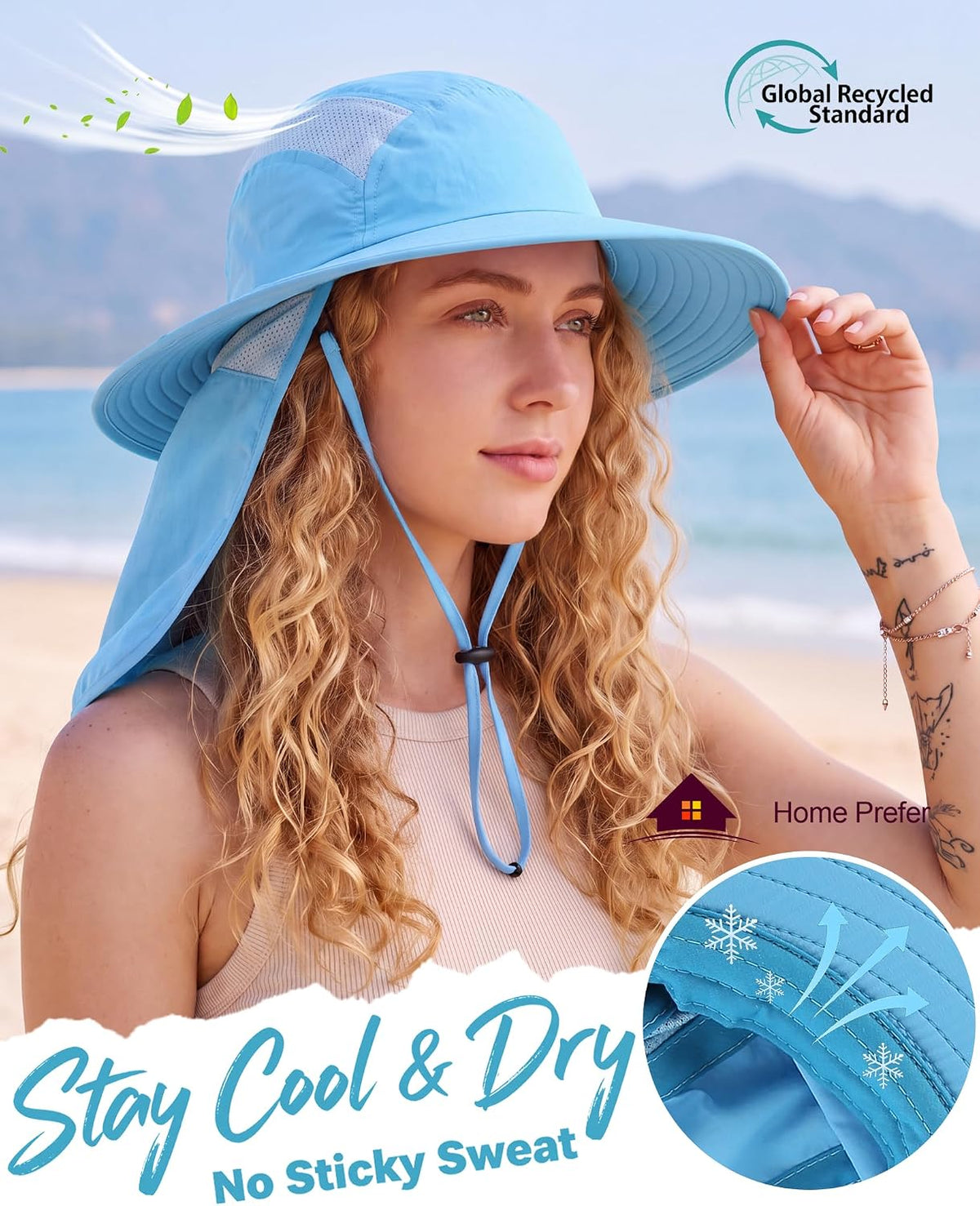 Home Prefer UPF 50+ Sun Hat with Neck Flap Wide Brim Fishing Hat for Men