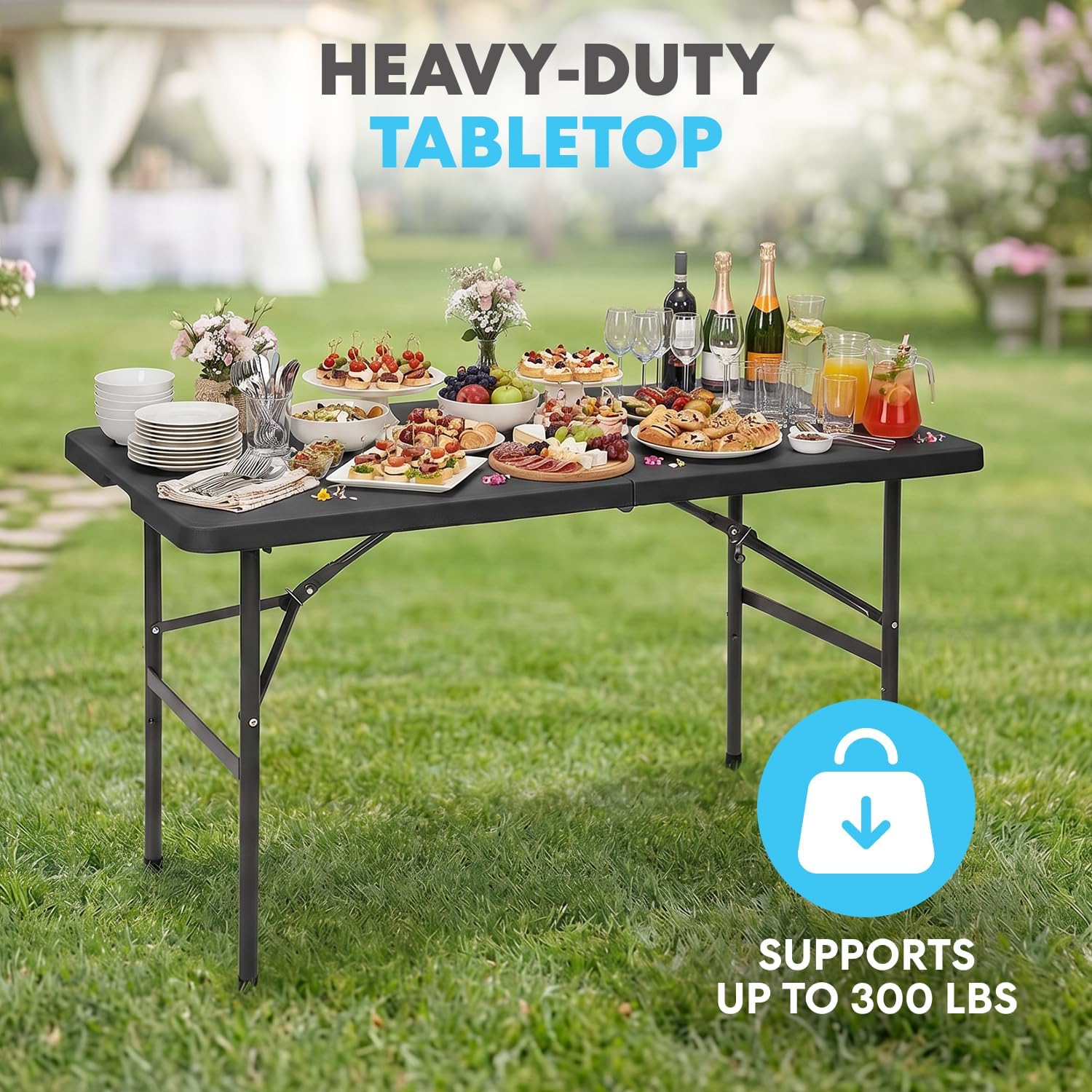 Simpli-Magic 4ft Portable Plastic Folding Table – Indoor & Outdoor Heavy-Duty Foldable Utility Table w/Handle for Party & Camping (Black)