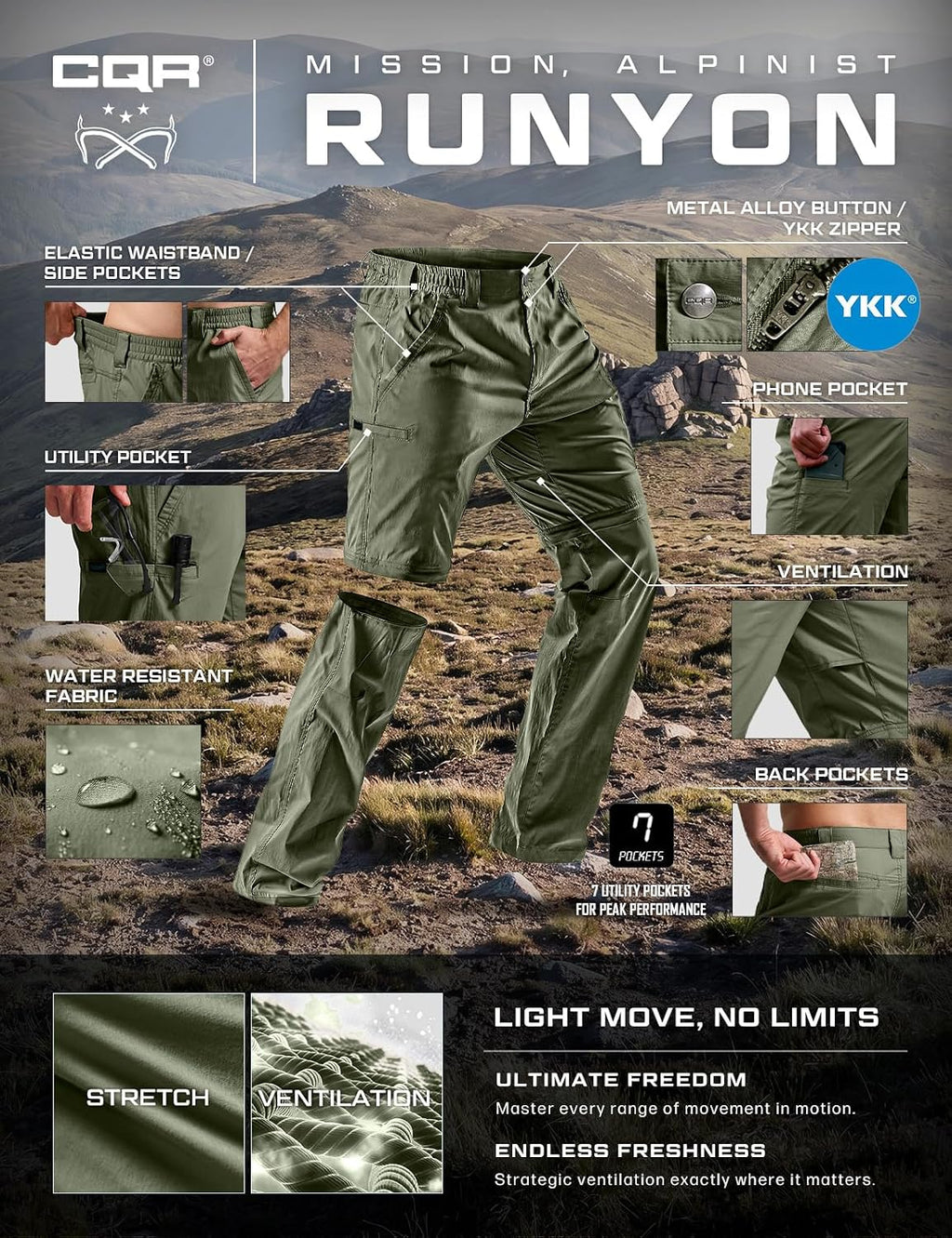 CQR Men's Convertible Cargo Tactical Pants, Water Resistant Outdoor Hiking Pants, Zip Off Lightweight Stretch Work Pants