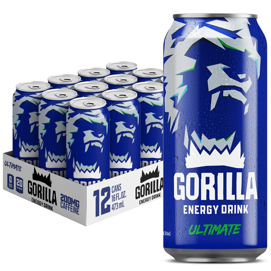 Gorilla Energy Drink, Original 0 Sugar, 200mg Plant-Based Caffeine, 12 Pack