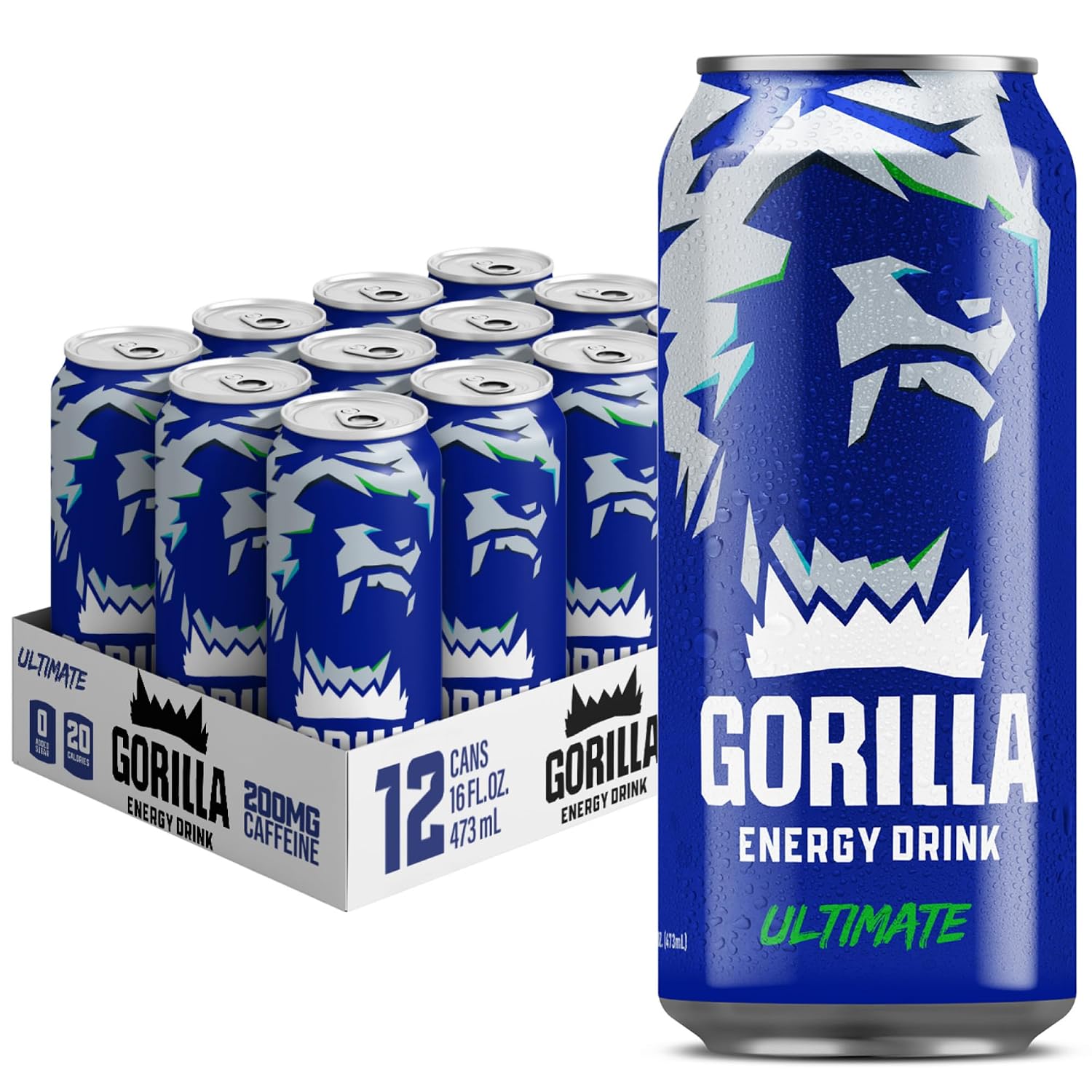 Gorilla Energy Drink, Original 0 Sugar, 200mg Plant-Based Caffeine, 12 Pack