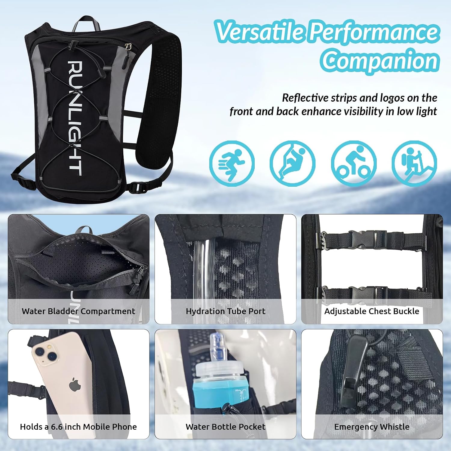 Runlight Running Vest for Women Men, Adjustable Hydration Backpack Breathable Reflective with 1.5L Water Bladder for Hiking, Trail, Running, Marathons, Cycling
