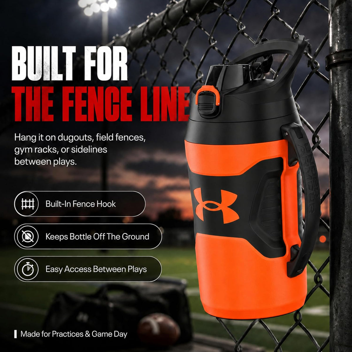 Under Armour Insulated Water Bottle with Handle & Fence Hook, Half Gallon Sports Water Jug, Leak-Resistant & BPA-Free for Baseball, Football & Gym - Blaze Orange/Black, 64oz